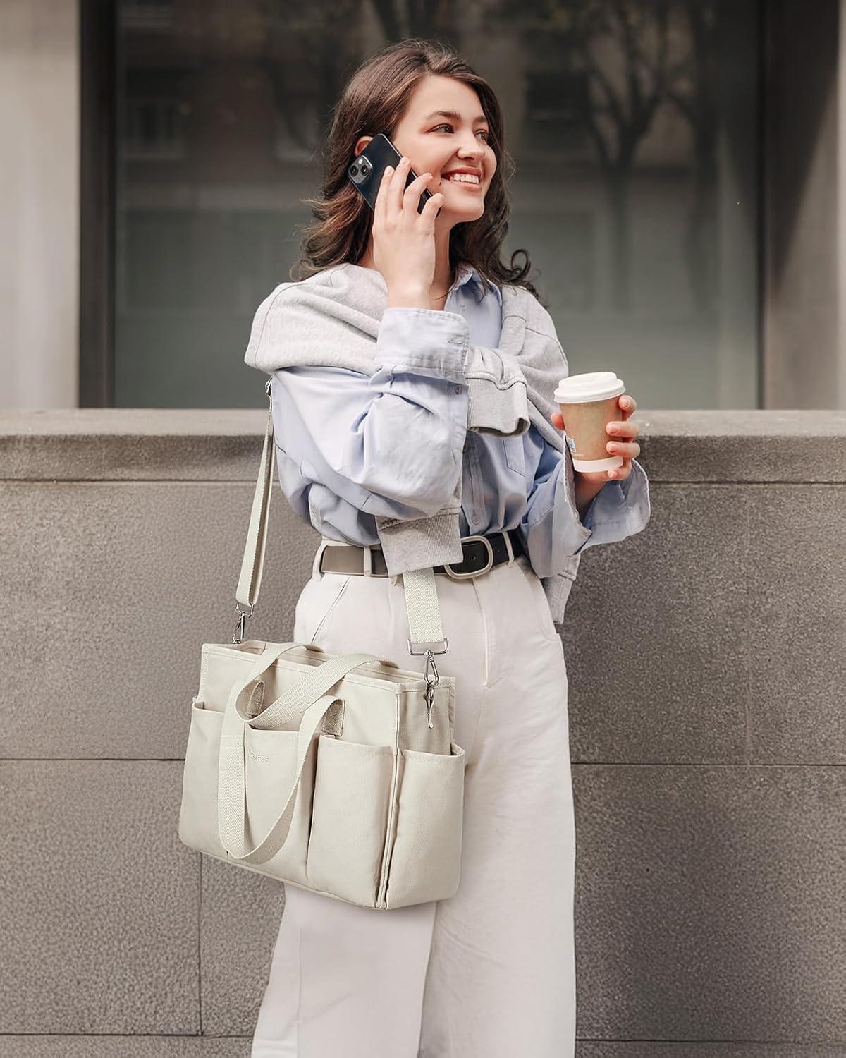 imageG4Free Canvas Tote Bag with Pockets Medium Size Crossbody Work Tote Bag for Women Zipper ClosureBeige