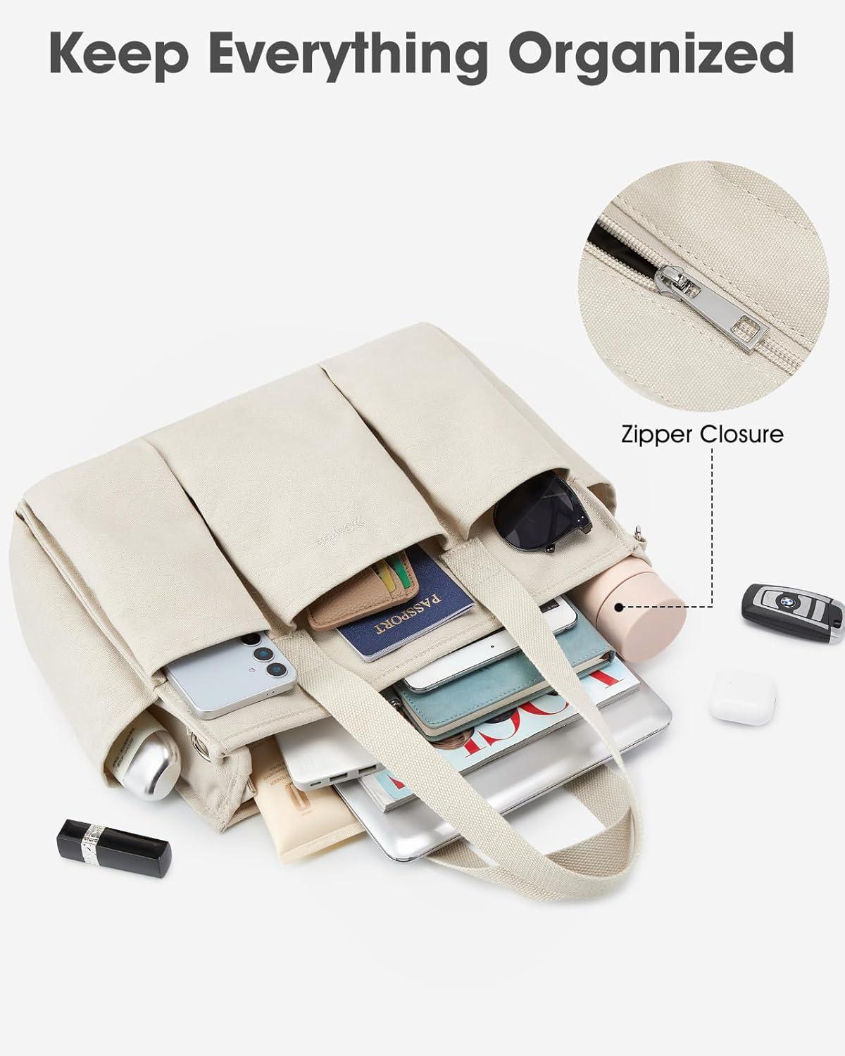 imageG4Free Canvas Tote Bag with Pockets Medium Size Crossbody Work Tote Bag for Women Zipper ClosureBeige