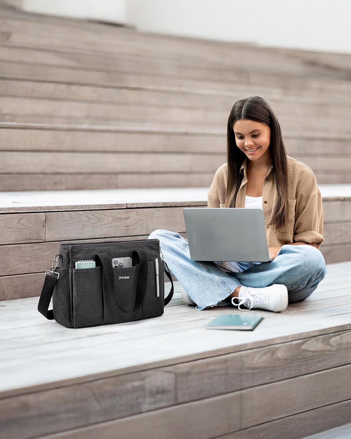 imageG4Free Canvas Tote Bag with Pockets Medium Size Crossbody Work Tote Bag for Women Zipper ClosureBlack