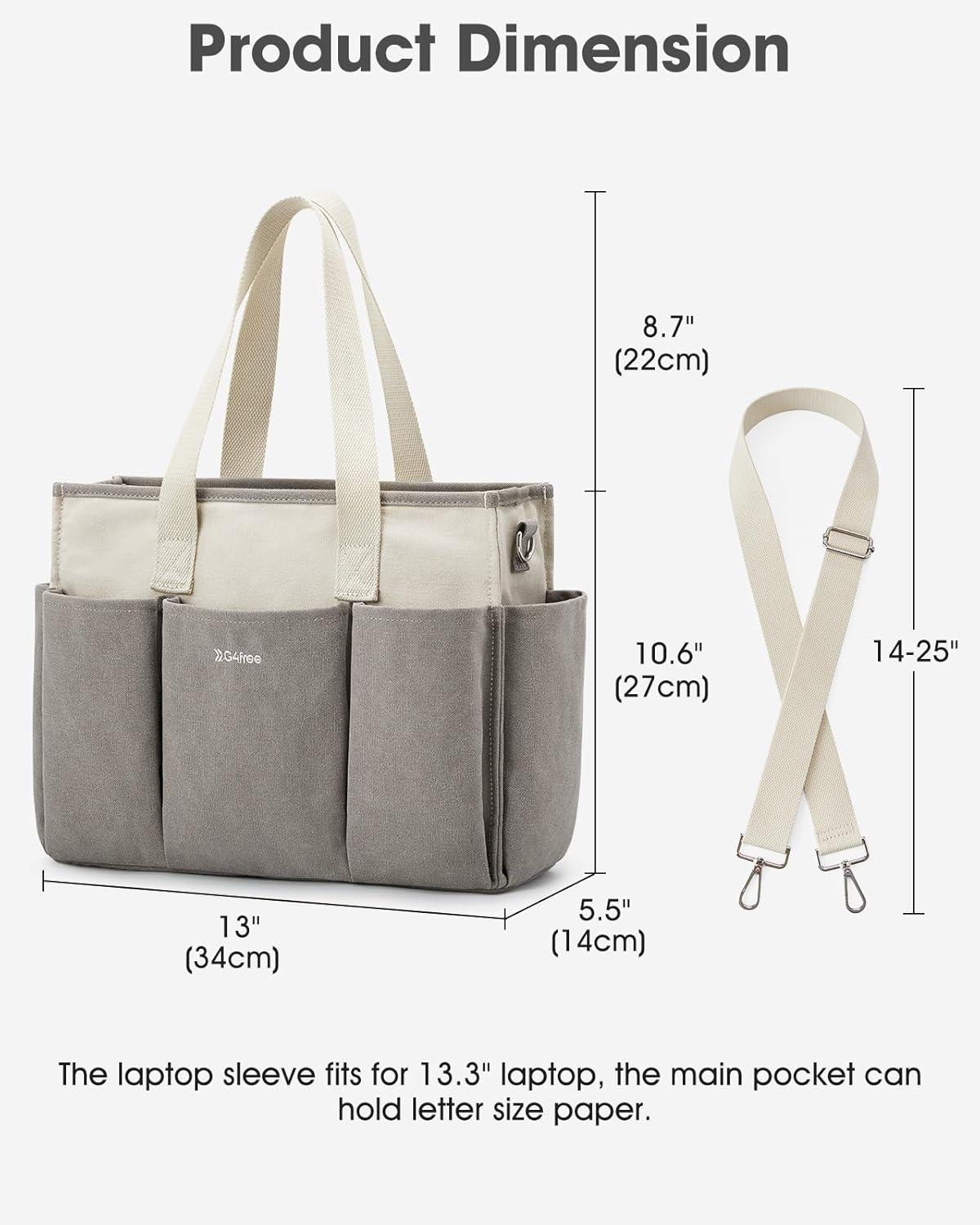 imageG4Free Canvas Tote Bag with Pockets Medium Size Crossbody Work Tote Bag for Women Zipper ClosureGrey