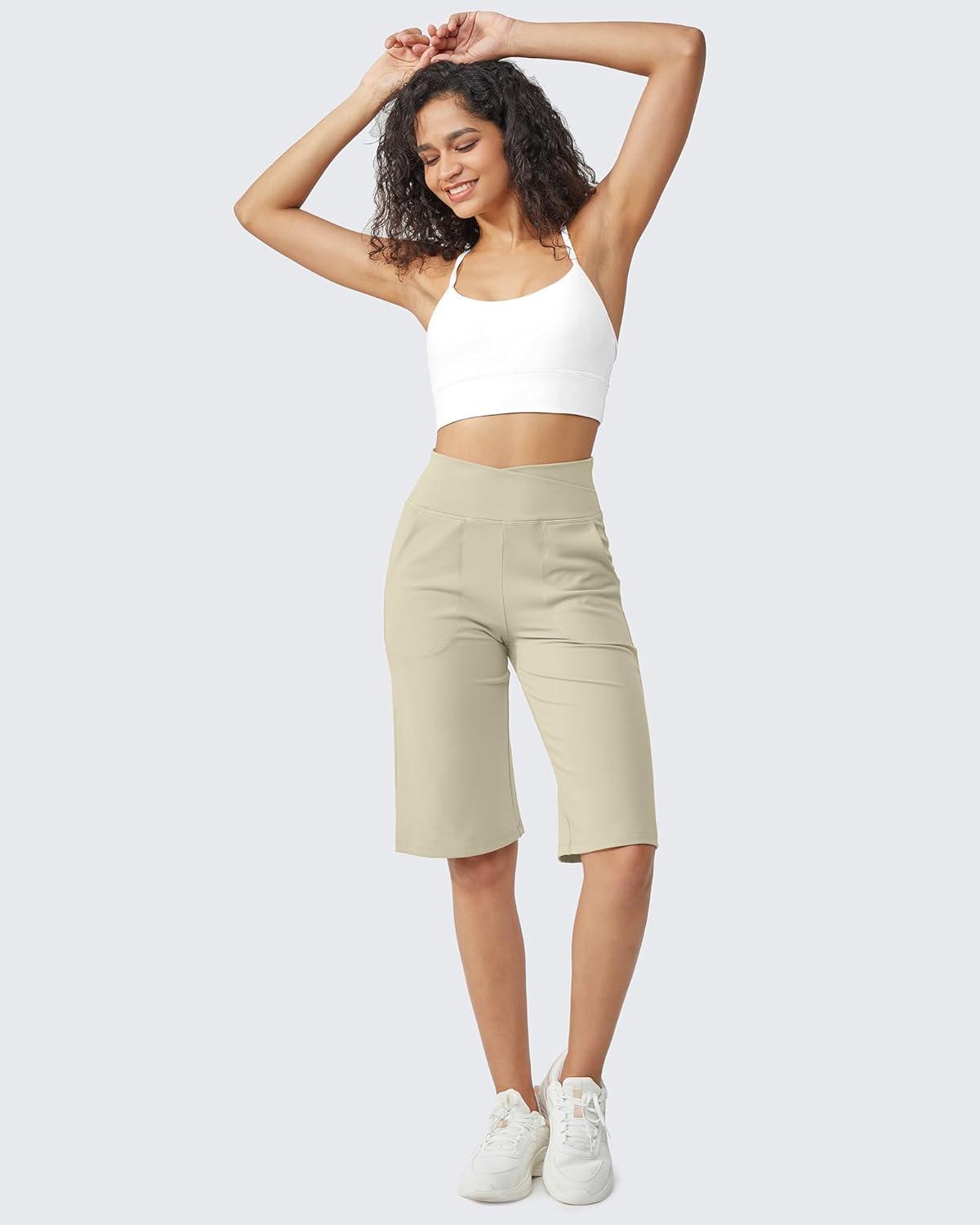 imageG4Free Capri Pants for Women 14quot Knee Length Wide Leg Yoga Capris Dressy Casual Summer Crop Pants with PocketsApricot