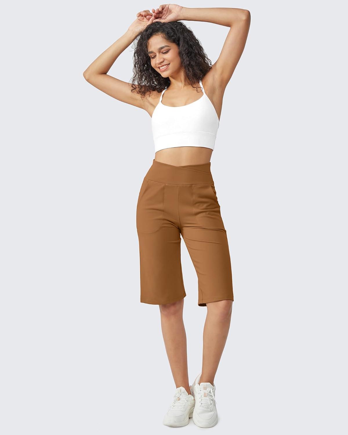 imageG4Free Capri Pants for Women 14quot Knee Length Wide Leg Yoga Capris Dressy Casual Summer Crop Pants with PocketsCoca Mocha