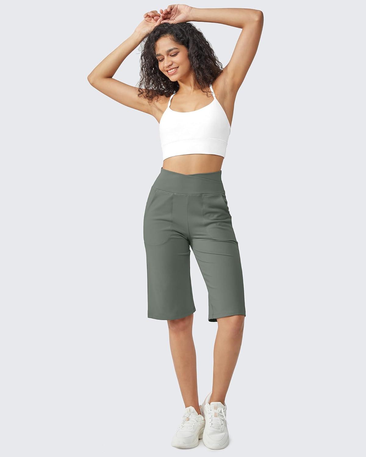 imageG4Free Capri Pants for Women 14quot Knee Length Wide Leg Yoga Capris Dressy Casual Summer Crop Pants with PocketsGrey Sage