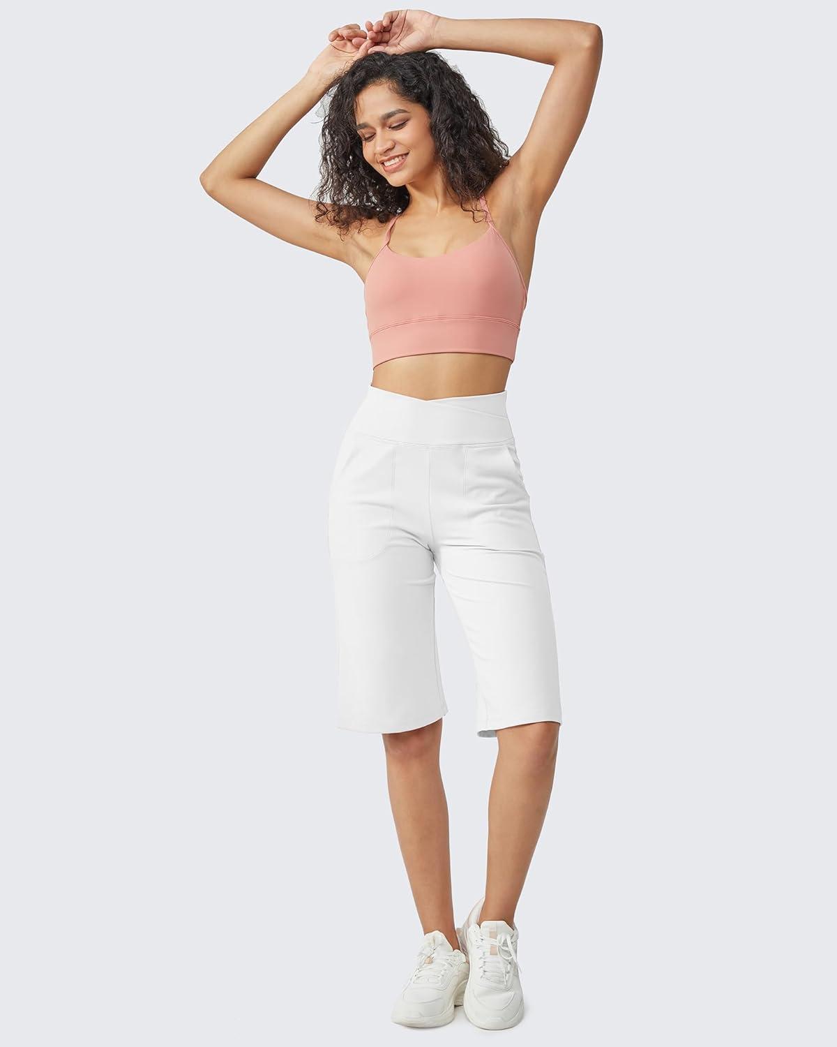 imageG4Free Capri Pants for Women 14quot Knee Length Wide Leg Yoga Capris Dressy Casual Summer Crop Pants with PocketsWhite