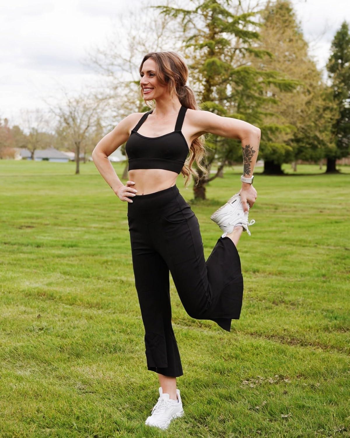 imageG4Free Capri Pants for Women Stretch Yoga Dress Pants with Pockets Ruffle Bell Bottom Athletic Work LeggingsBlack