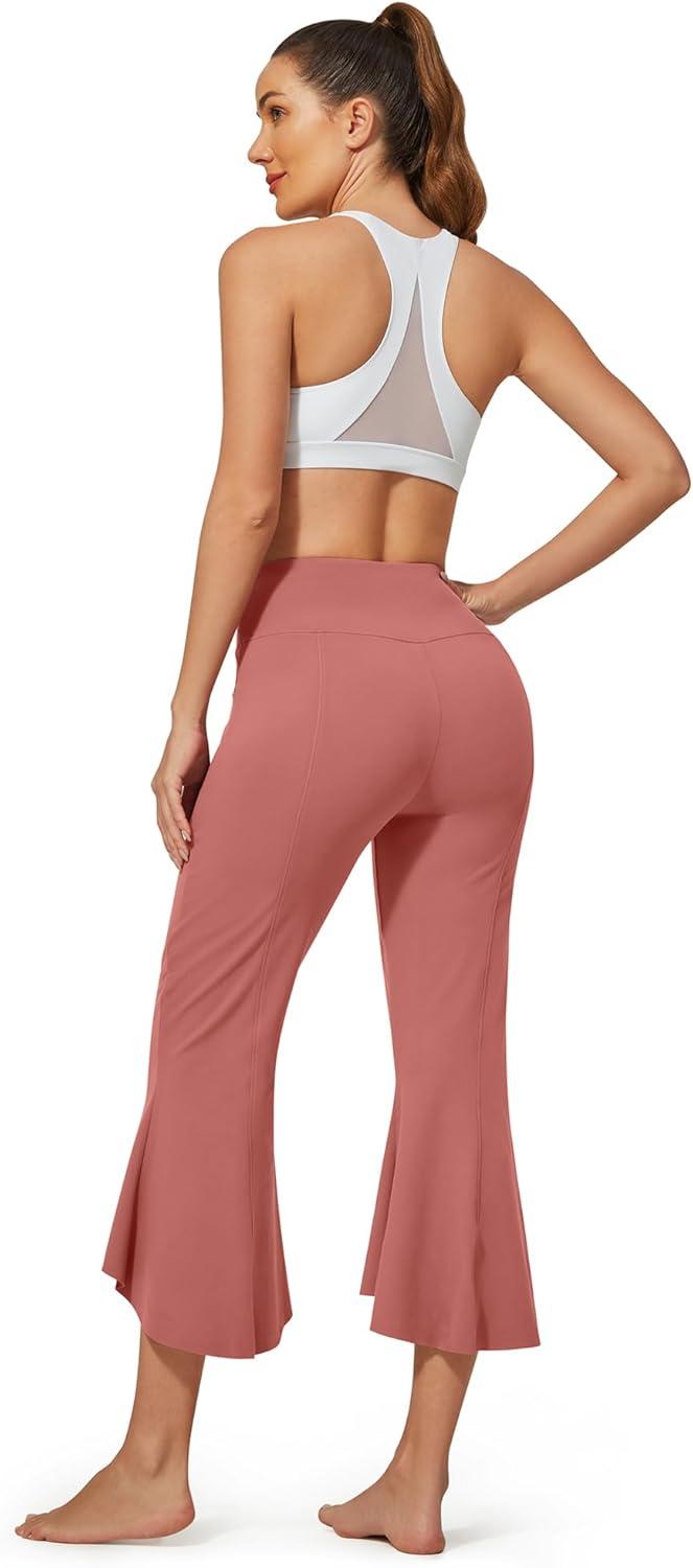 imageG4Free Capri Pants for Women Stretch Yoga Dress Pants with Pockets Ruffle Bell Bottom Athletic Work LeggingsCameo