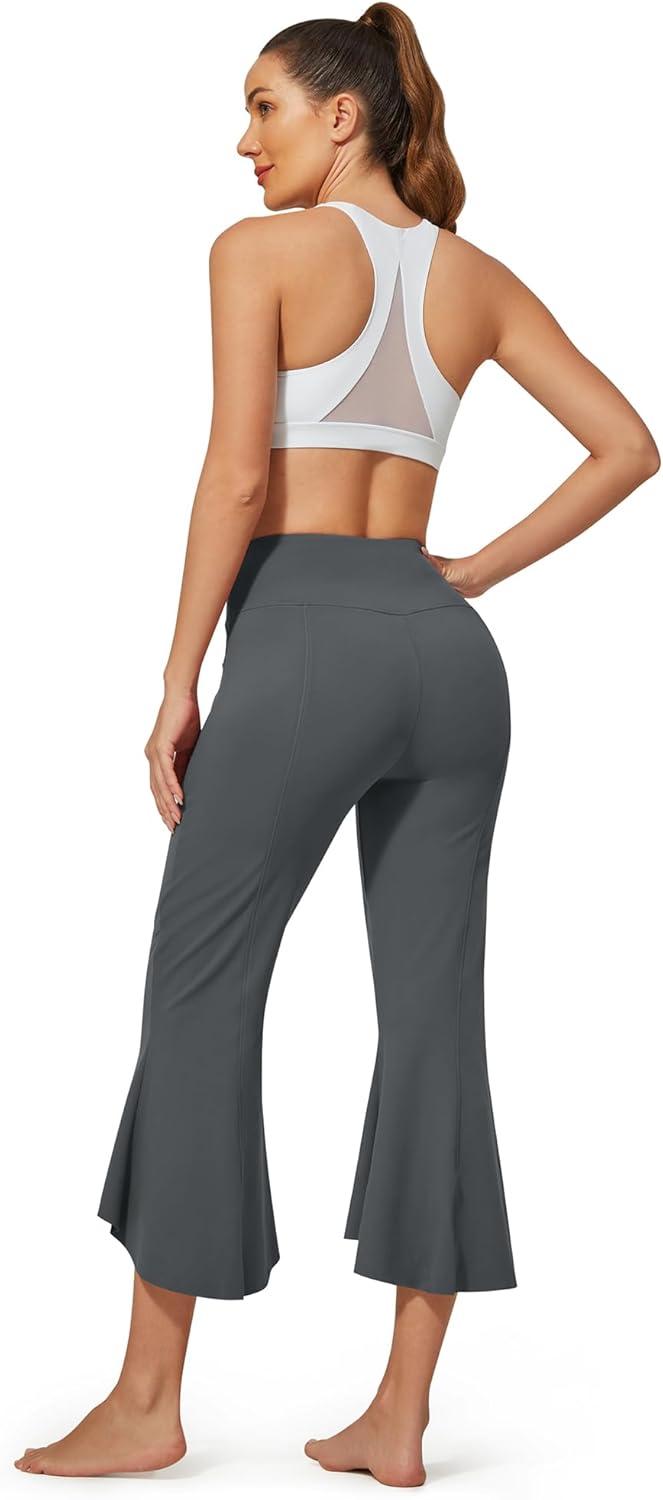 imageG4Free Capri Pants for Women Stretch Yoga Dress Pants with Pockets Ruffle Bell Bottom Athletic Work LeggingsDeep Grey