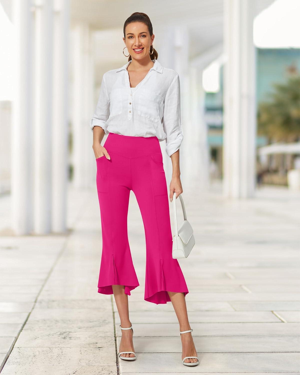 imageG4Free Capri Pants for Women Stretch Yoga Dress Pants with Pockets Ruffle Bell Bottom Athletic Work LeggingsHot Pink