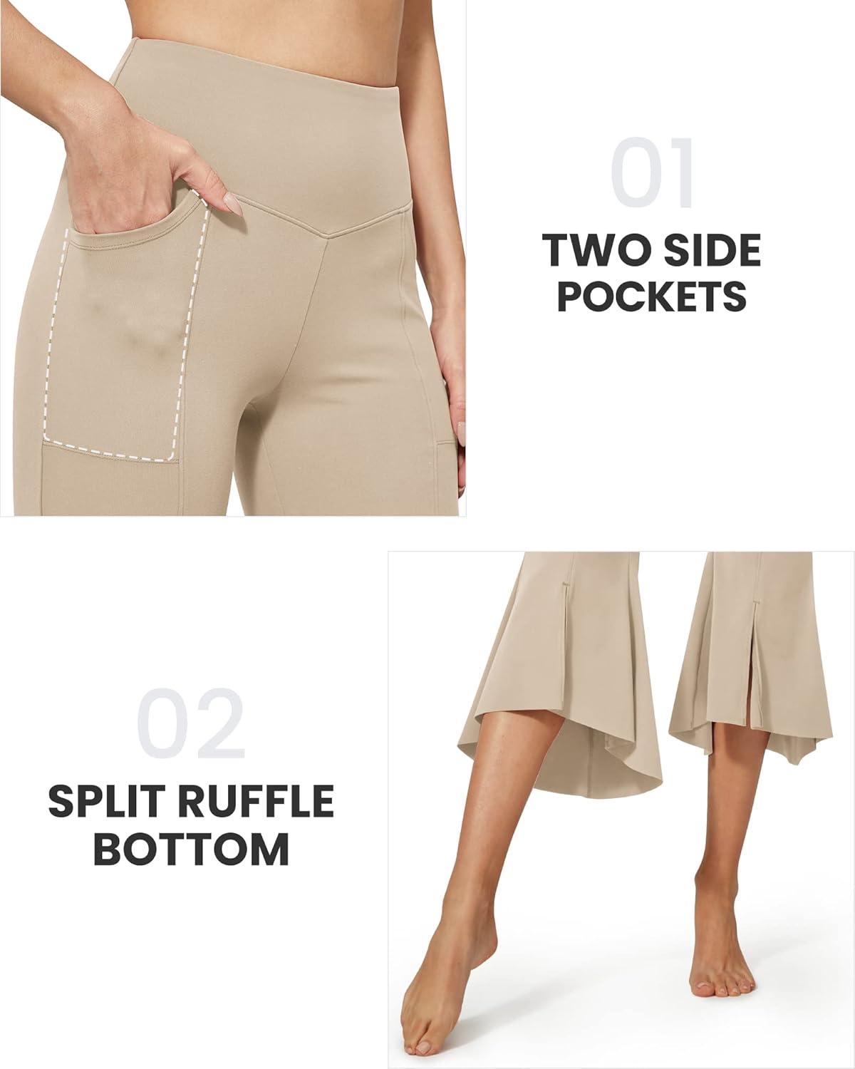 imageG4Free Capri Pants for Women Stretch Yoga Dress Pants with Pockets Ruffle Bell Bottom Athletic Work LeggingsKhaki