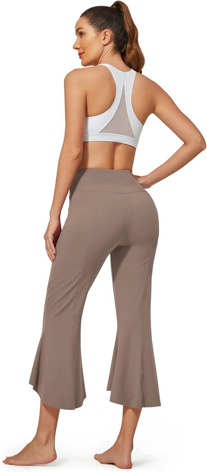imageG4Free Capri Pants for Women Stretch Yoga Dress Pants with Pockets Ruffle Bell Bottom Athletic Work LeggingsTaupe
