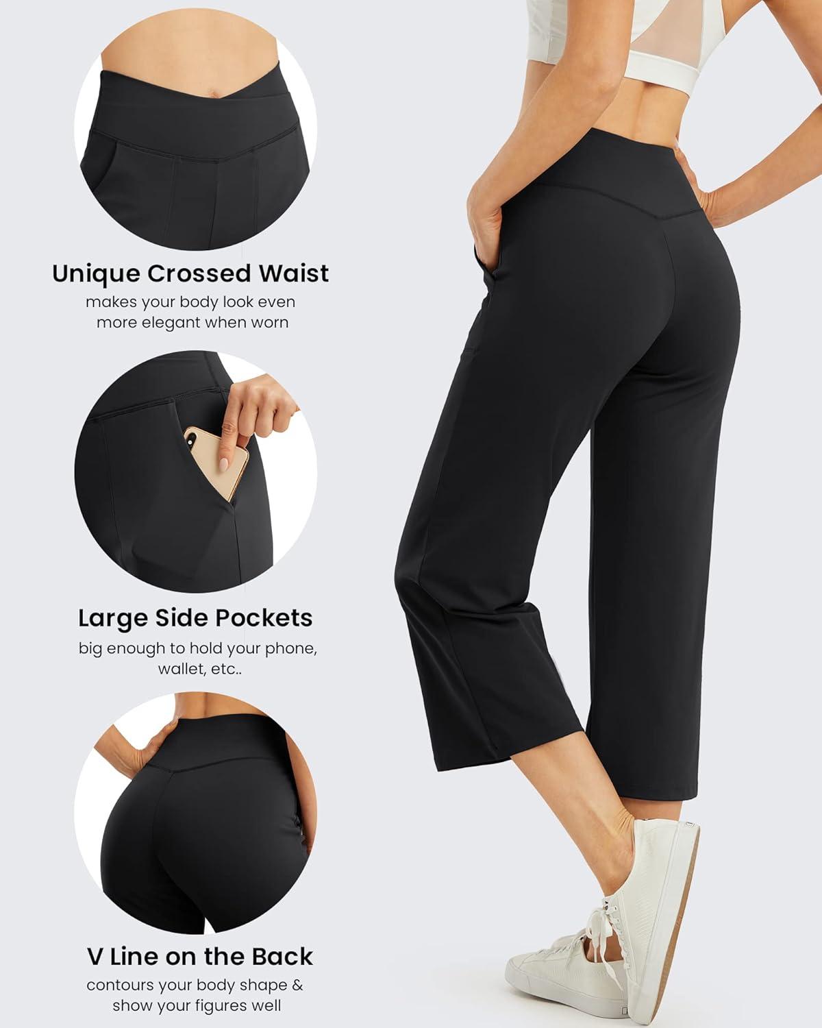 imageG4Free Capri Pants for Women Wide Leg Yoga Dress Capris with Pockets Cross Loose Casual Work Crop PantsBlack