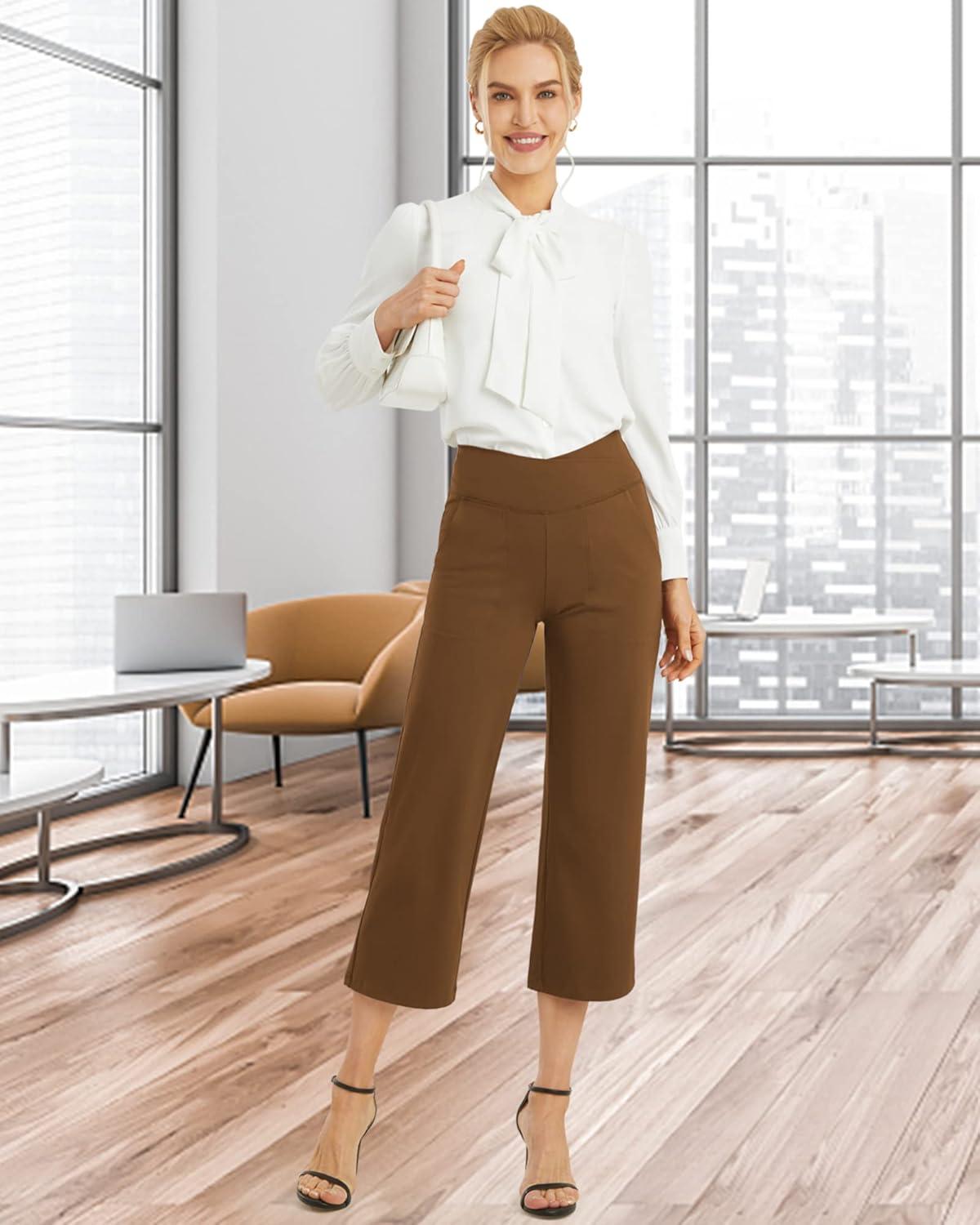 imageG4Free Capri Pants for Women Wide Leg Yoga Dress Capris with Pockets Cross Loose Casual Work Crop PantsDark Coffee