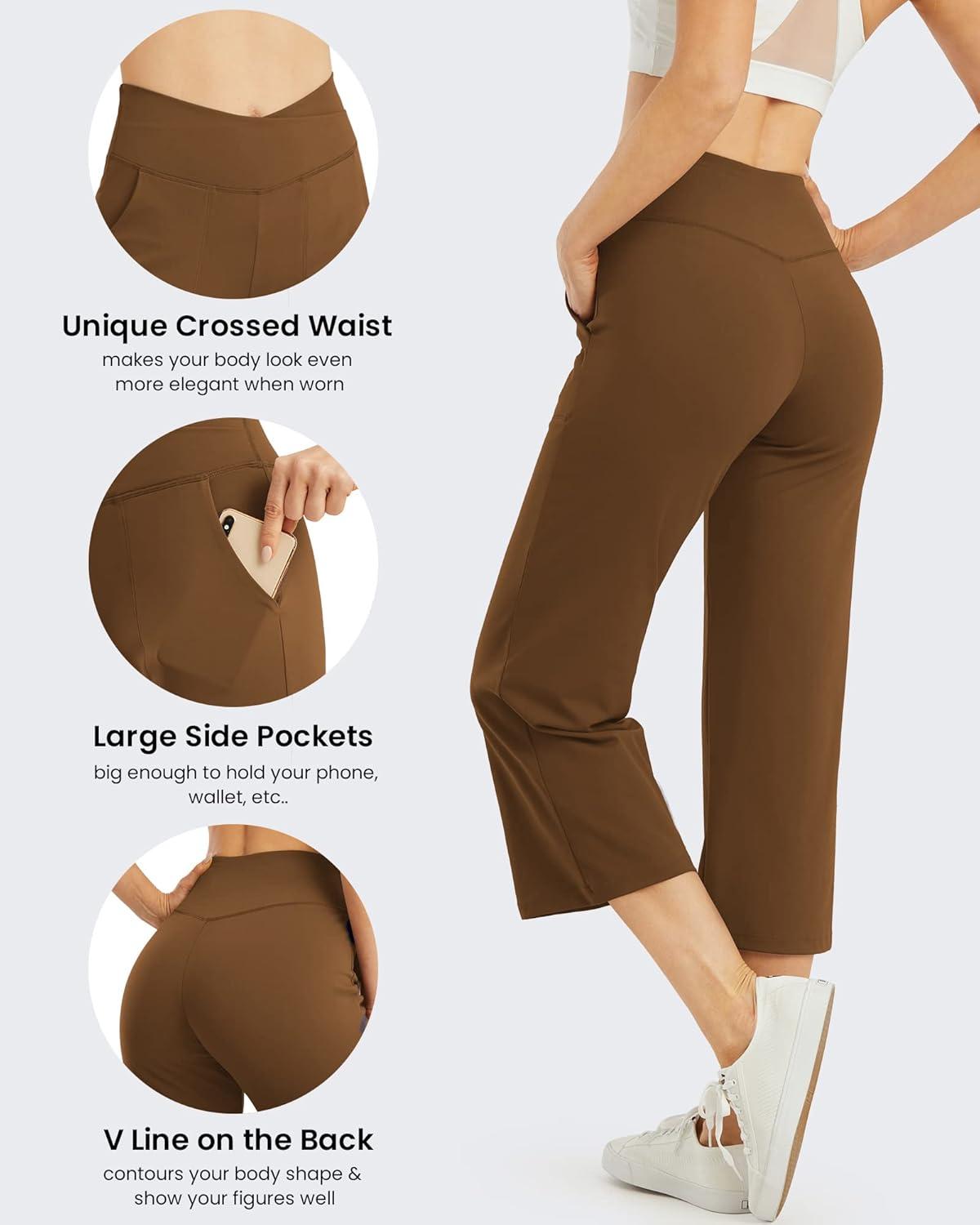 imageG4Free Capri Pants for Women Wide Leg Yoga Dress Capris with Pockets Cross Loose Casual Work Crop PantsDark Coffee