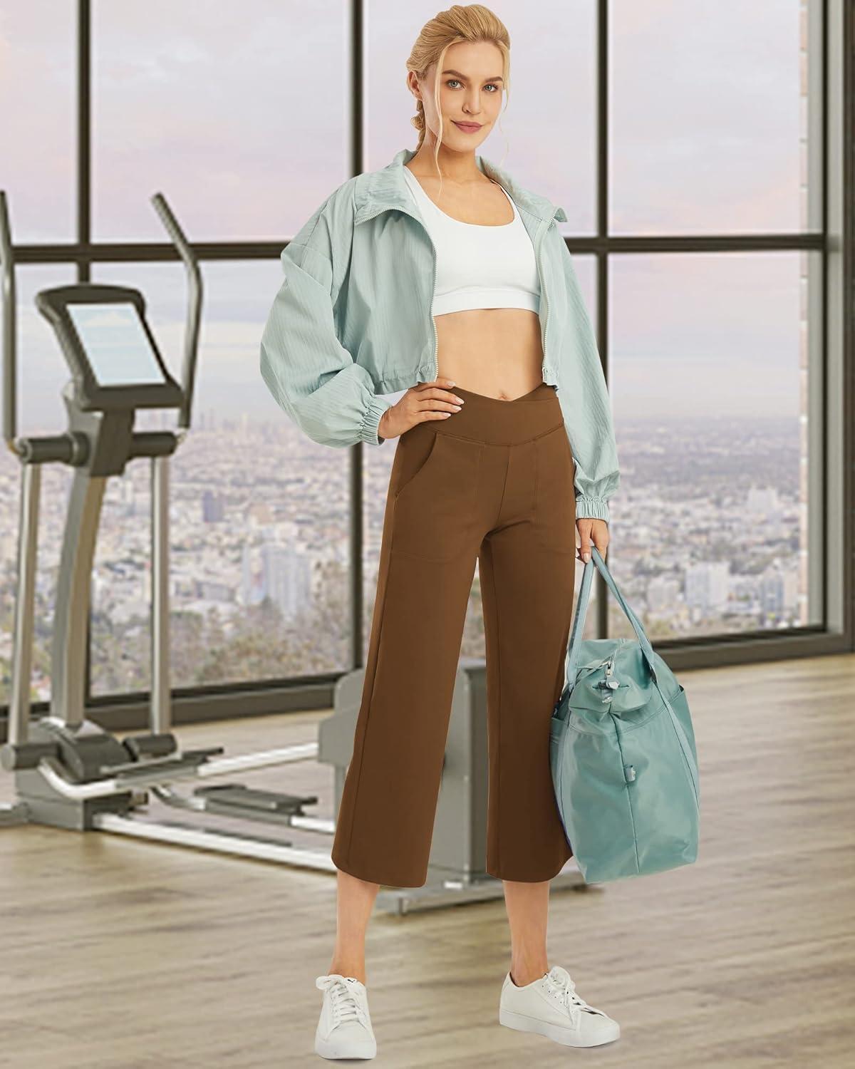 imageG4Free Capri Pants for Women Wide Leg Yoga Dress Capris with Pockets Cross Loose Casual Work Crop PantsDark Coffee