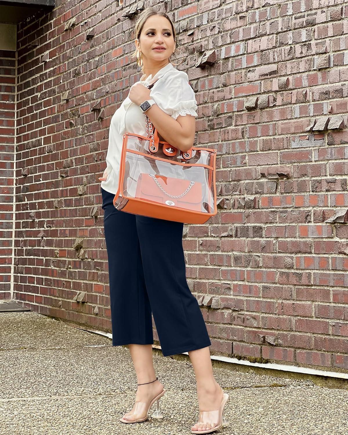 imageG4Free Capri Pants for Women Wide Leg Yoga Dress Capris with Pockets Cross Loose Casual Work Crop PantsDark Navy