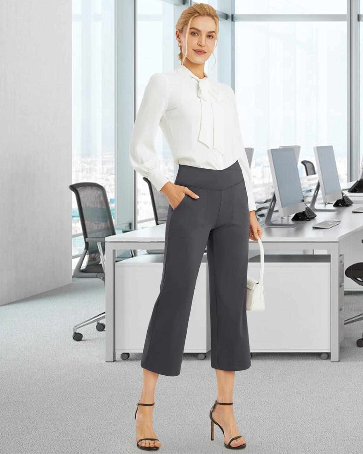imageG4Free Capri Pants for Women Wide Leg Yoga Dress Capris with Pockets Cross Loose Casual Work Crop PantsDeep Grey