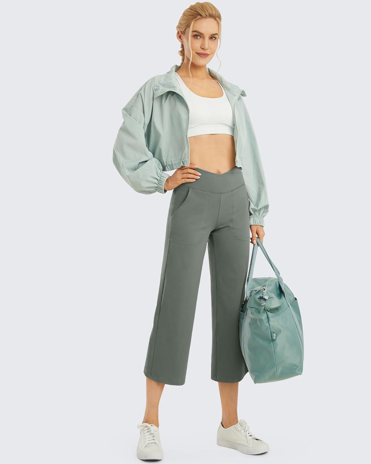 imageG4Free Capri Pants for Women Wide Leg Yoga Dress Capris with Pockets Cross Loose Casual Work Crop PantsGrey Sage