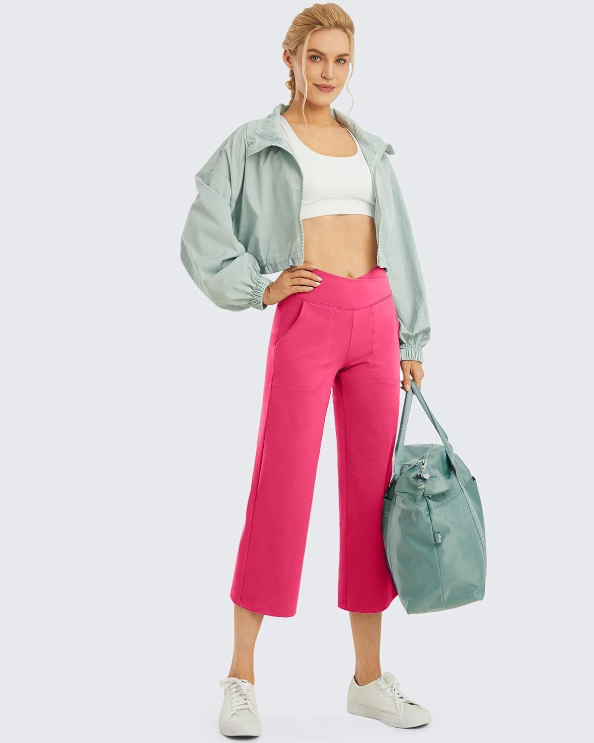 imageG4Free Capri Pants for Women Wide Leg Yoga Dress Capris with Pockets Cross Loose Casual Work Crop PantsHot Pink