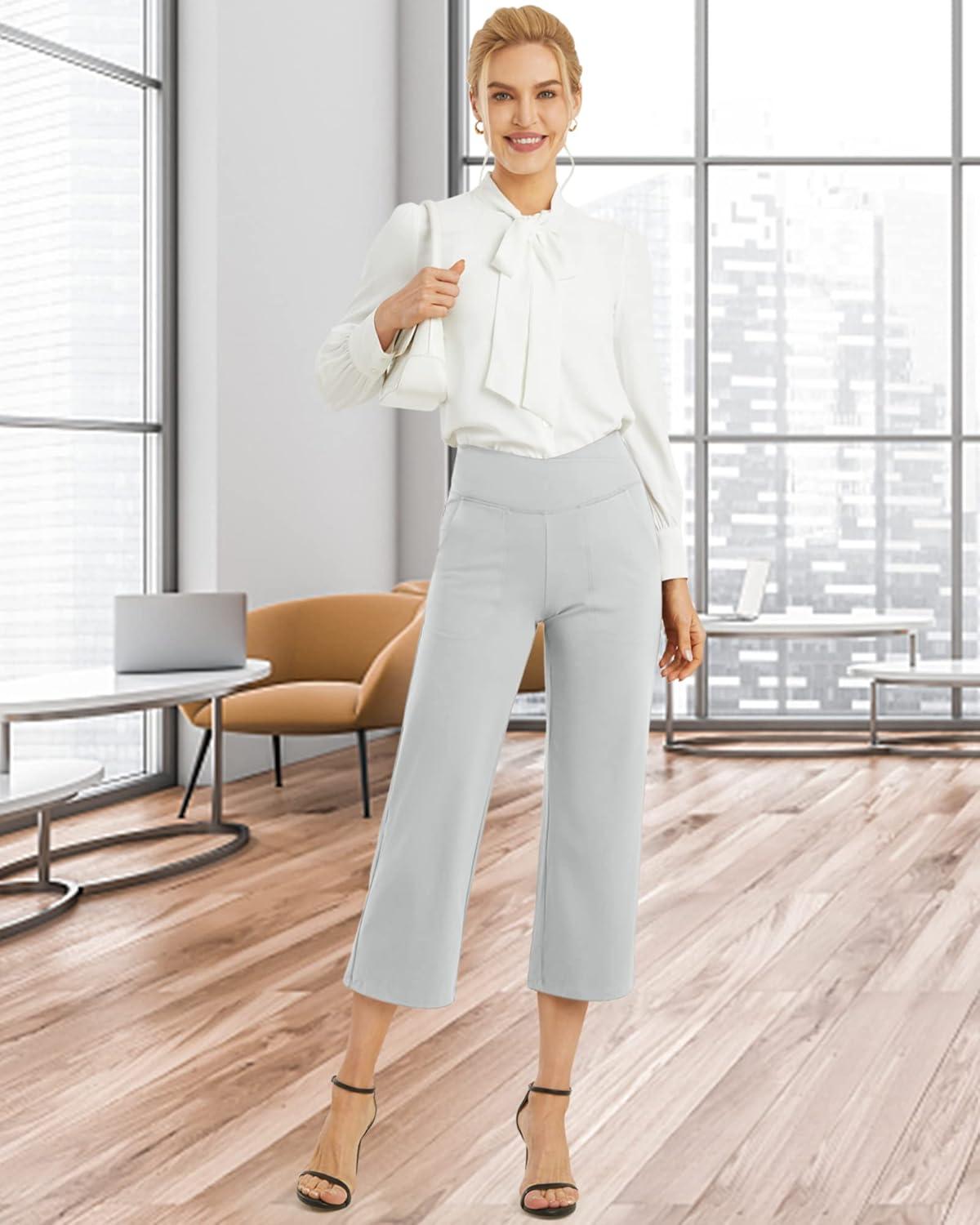 imageG4Free Capri Pants for Women Wide Leg Yoga Dress Capris with Pockets Cross Loose Casual Work Crop PantsLight Grey