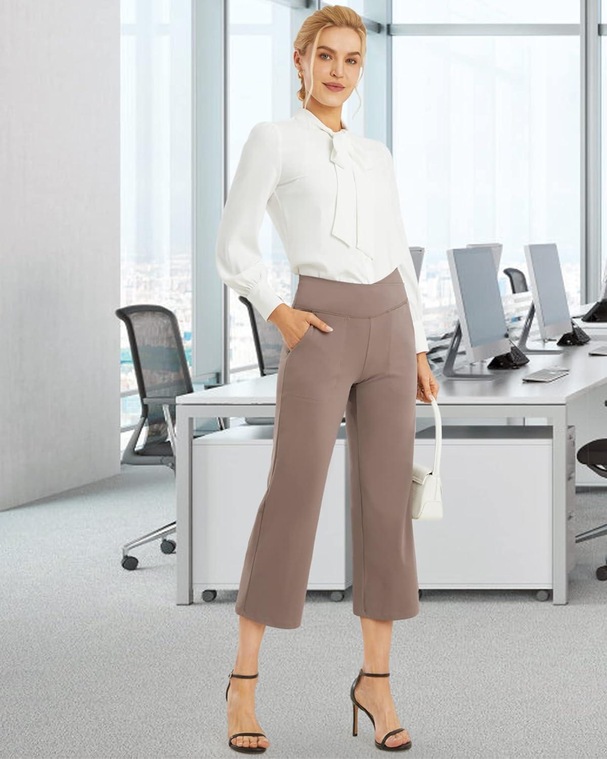 imageG4Free Capri Pants for Women Wide Leg Yoga Dress Capris with Pockets Cross Loose Casual Work Crop PantsTaupe