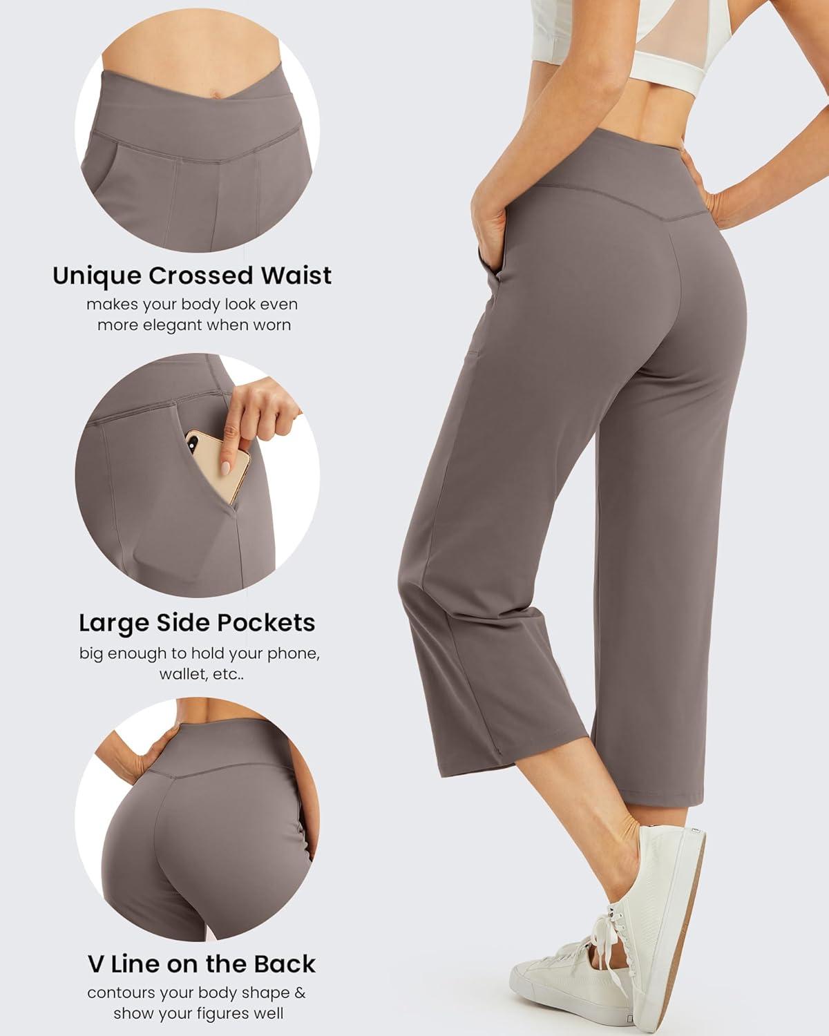 imageG4Free Capri Pants for Women Wide Leg Yoga Dress Capris with Pockets Cross Loose Casual Work Crop PantsTaupe
