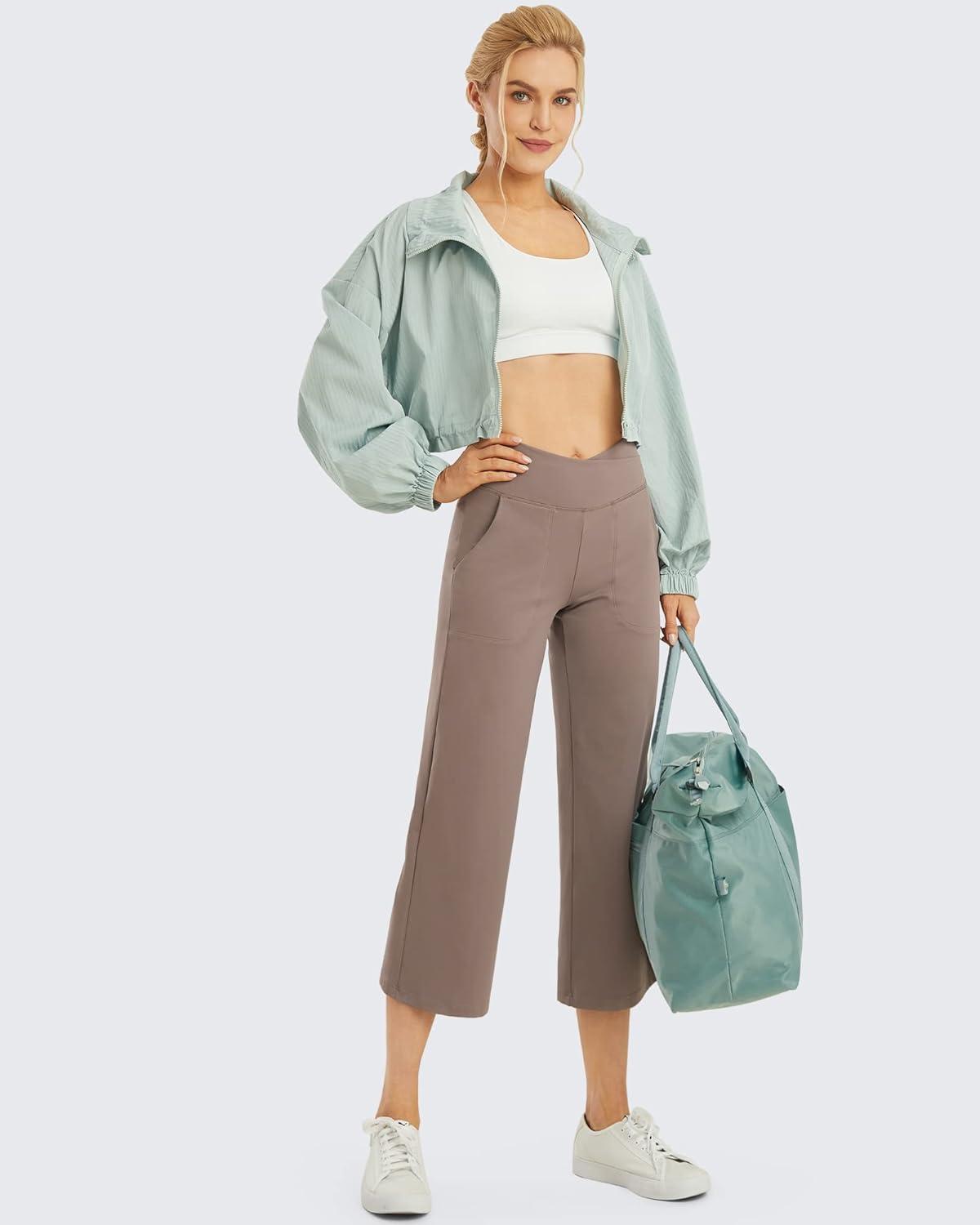 imageG4Free Capri Pants for Women Wide Leg Yoga Dress Capris with Pockets Cross Loose Casual Work Crop PantsTaupe