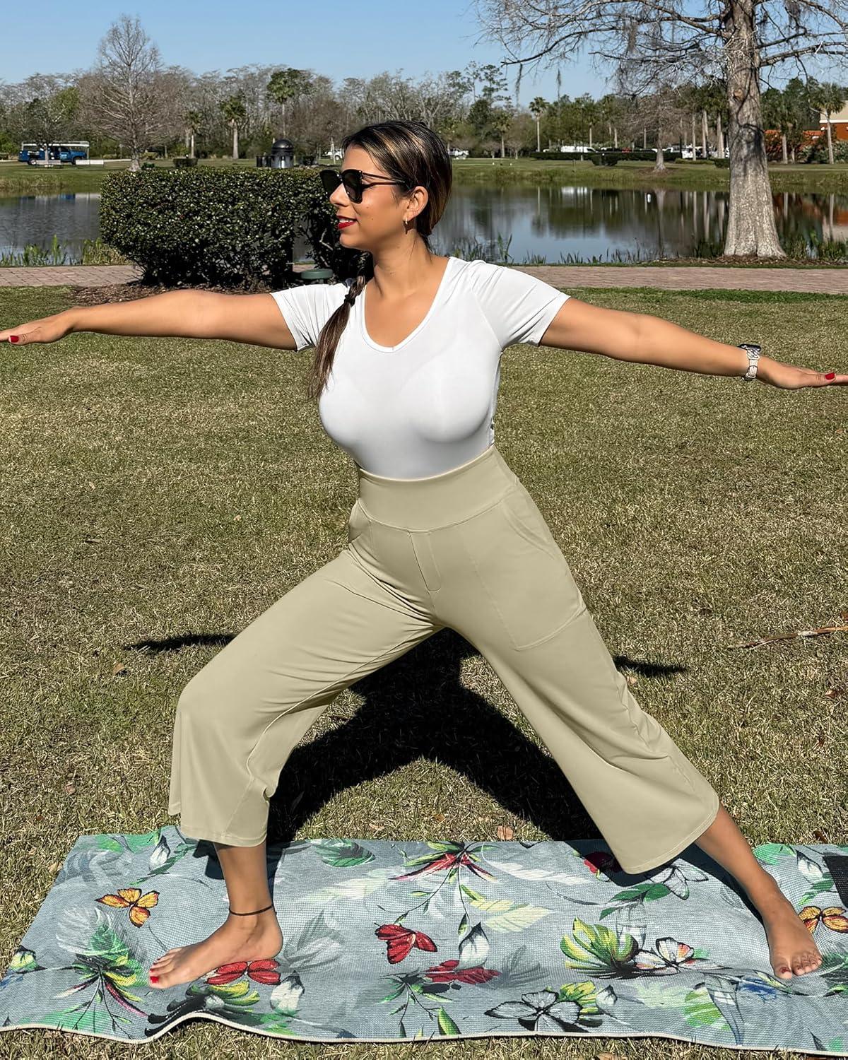 imageG4Free Capri Pants for Women Wide Leg Yoga Dress Cropped Pants Capri Leggings with Pockets for Casual SummerApricot