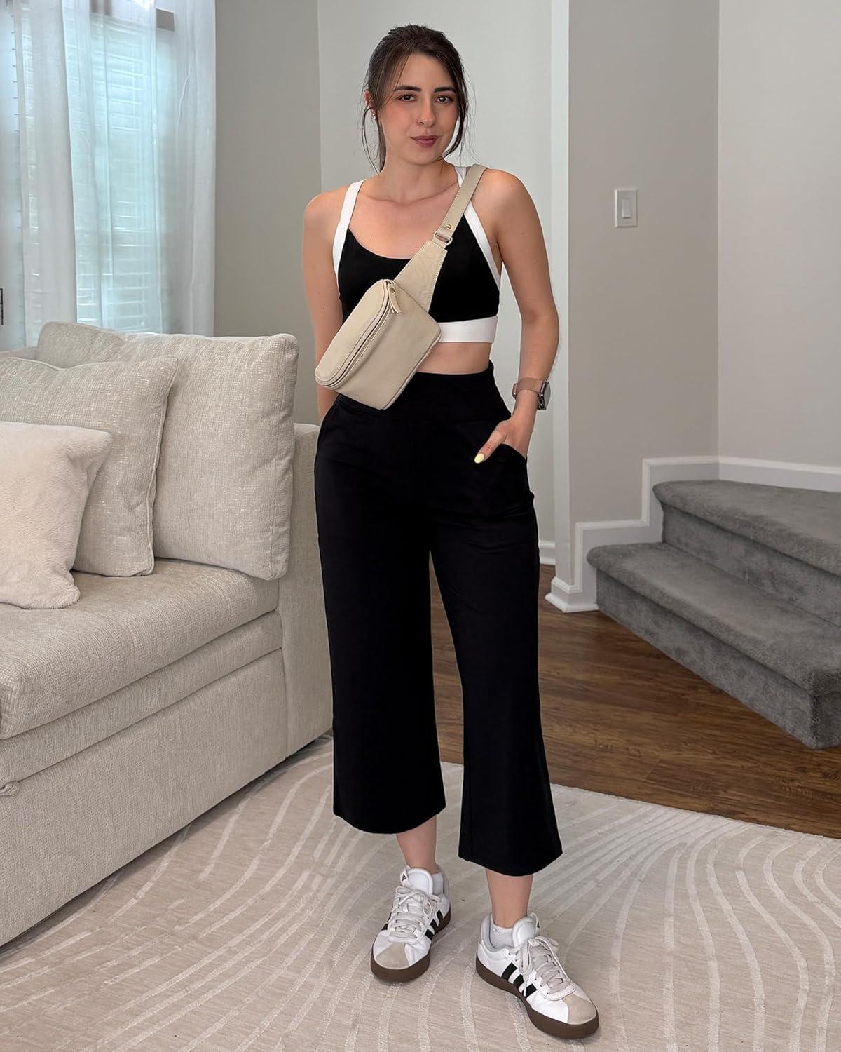 imageG4Free Capri Pants for Women Wide Leg Yoga Dress Cropped Pants Capri Leggings with Pockets for Casual SummerBlack