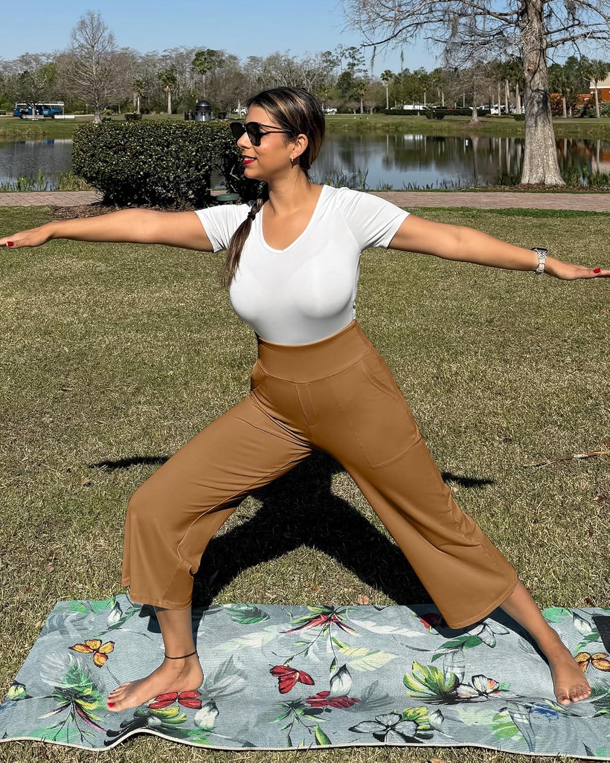 imageG4Free Capri Pants for Women Wide Leg Yoga Dress Cropped Pants Capri Leggings with Pockets for Casual SummerCoca Mocha
