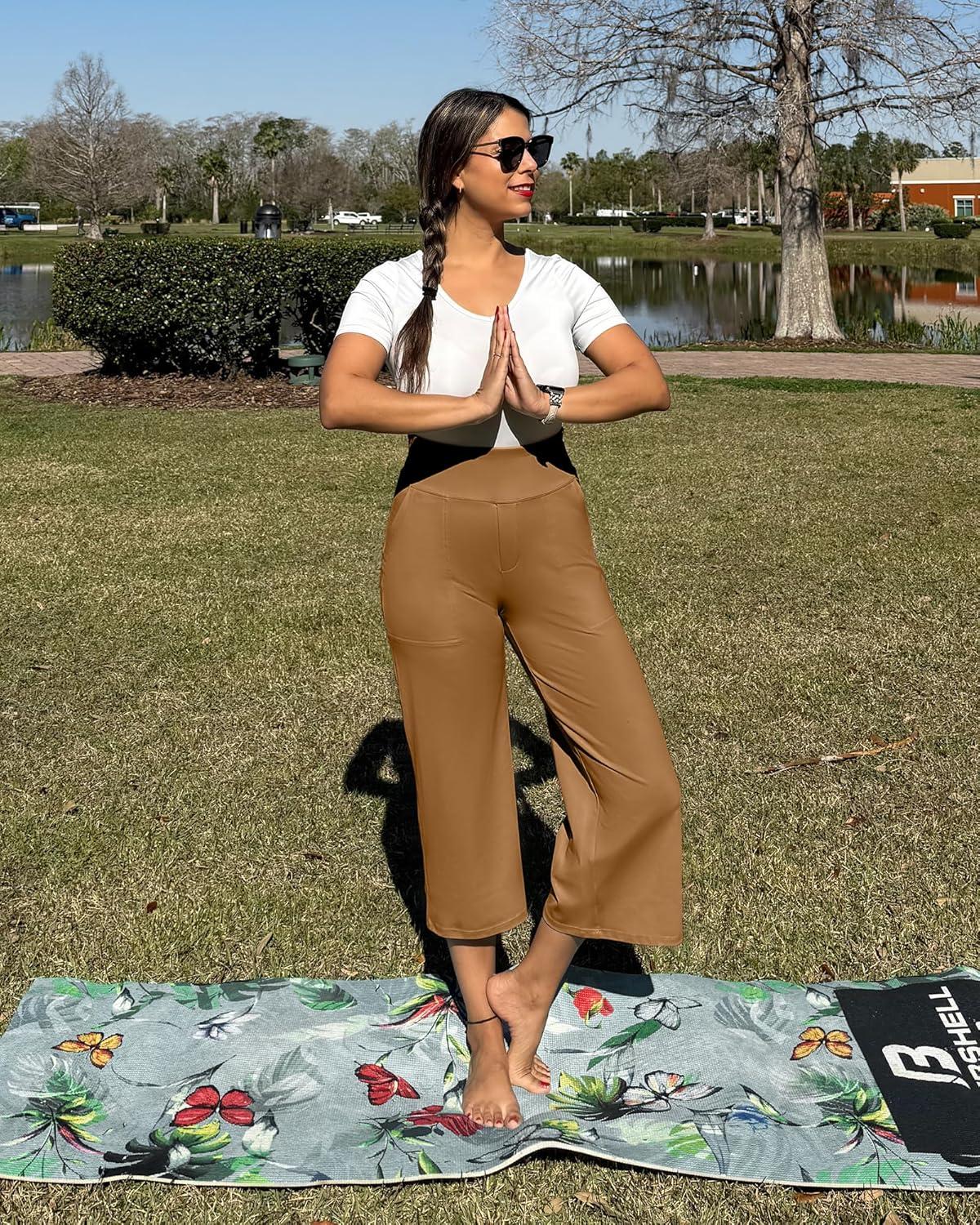 imageG4Free Capri Pants for Women Wide Leg Yoga Dress Cropped Pants Capri Leggings with Pockets for Casual SummerCoca Mocha
