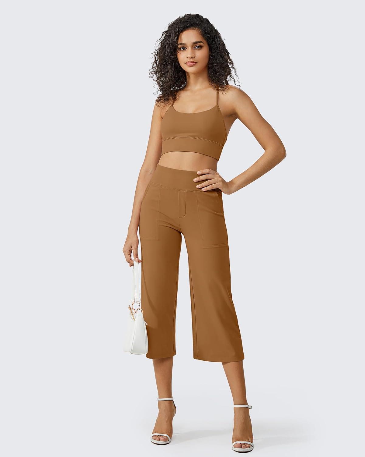 imageG4Free Capri Pants for Women Wide Leg Yoga Dress Cropped Pants Capri Leggings with Pockets for Casual SummerCoca Mocha