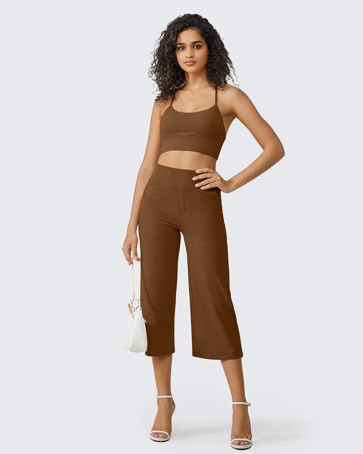 imageG4Free Capri Pants for Women Wide Leg Yoga Dress Cropped Pants Capri Leggings with Pockets for Casual SummerDark Coffee