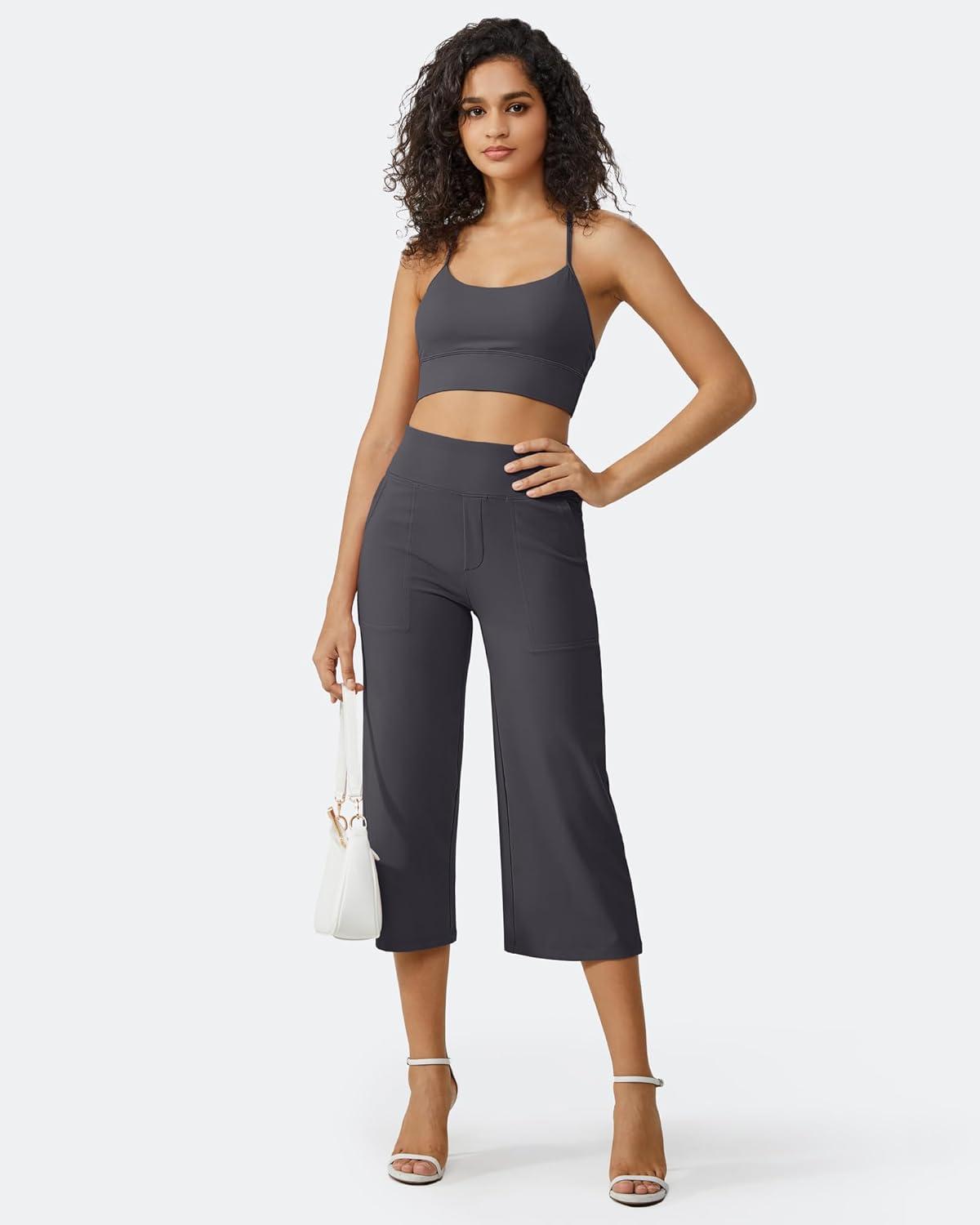 imageG4Free Capri Pants for Women Wide Leg Yoga Dress Cropped Pants Capri Leggings with Pockets for Casual SummerDark Grey
