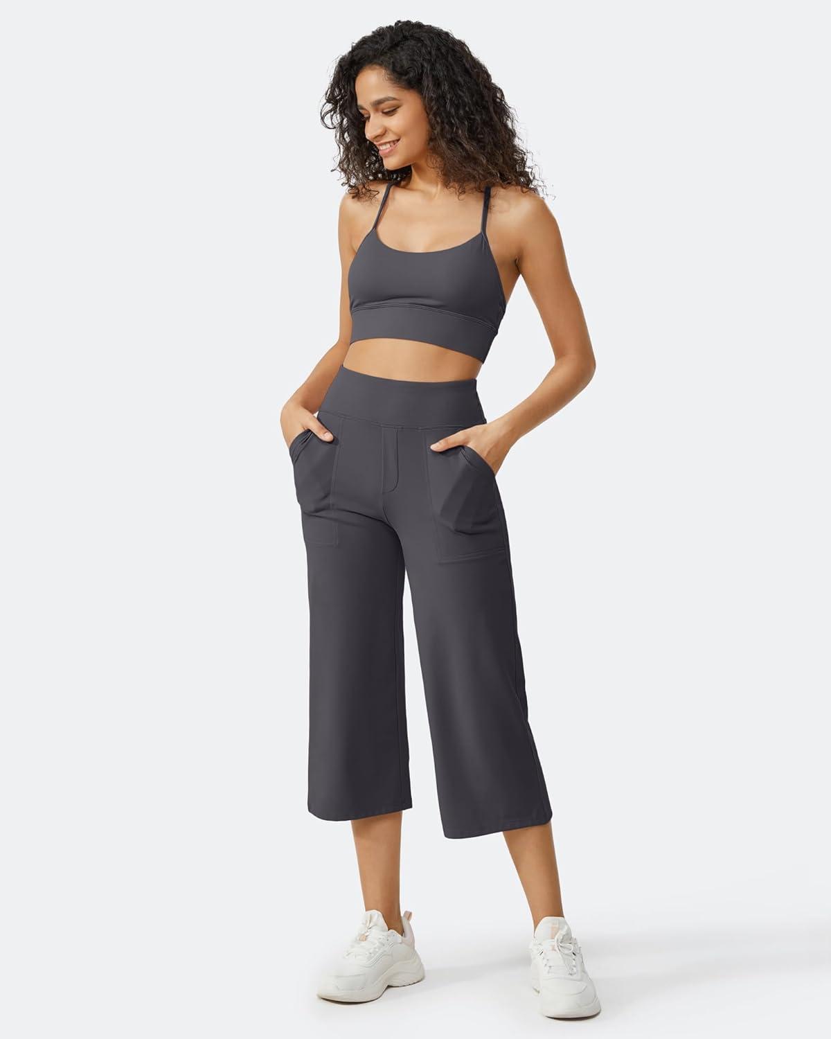 imageG4Free Capri Pants for Women Wide Leg Yoga Dress Cropped Pants Capri Leggings with Pockets for Casual SummerDark Grey