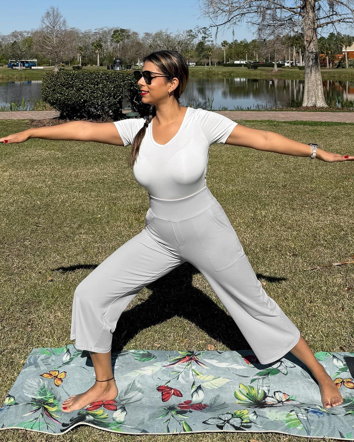 imageG4Free Capri Pants for Women Wide Leg Yoga Dress Cropped Pants Capri Leggings with Pockets for Casual SummerLight Grey