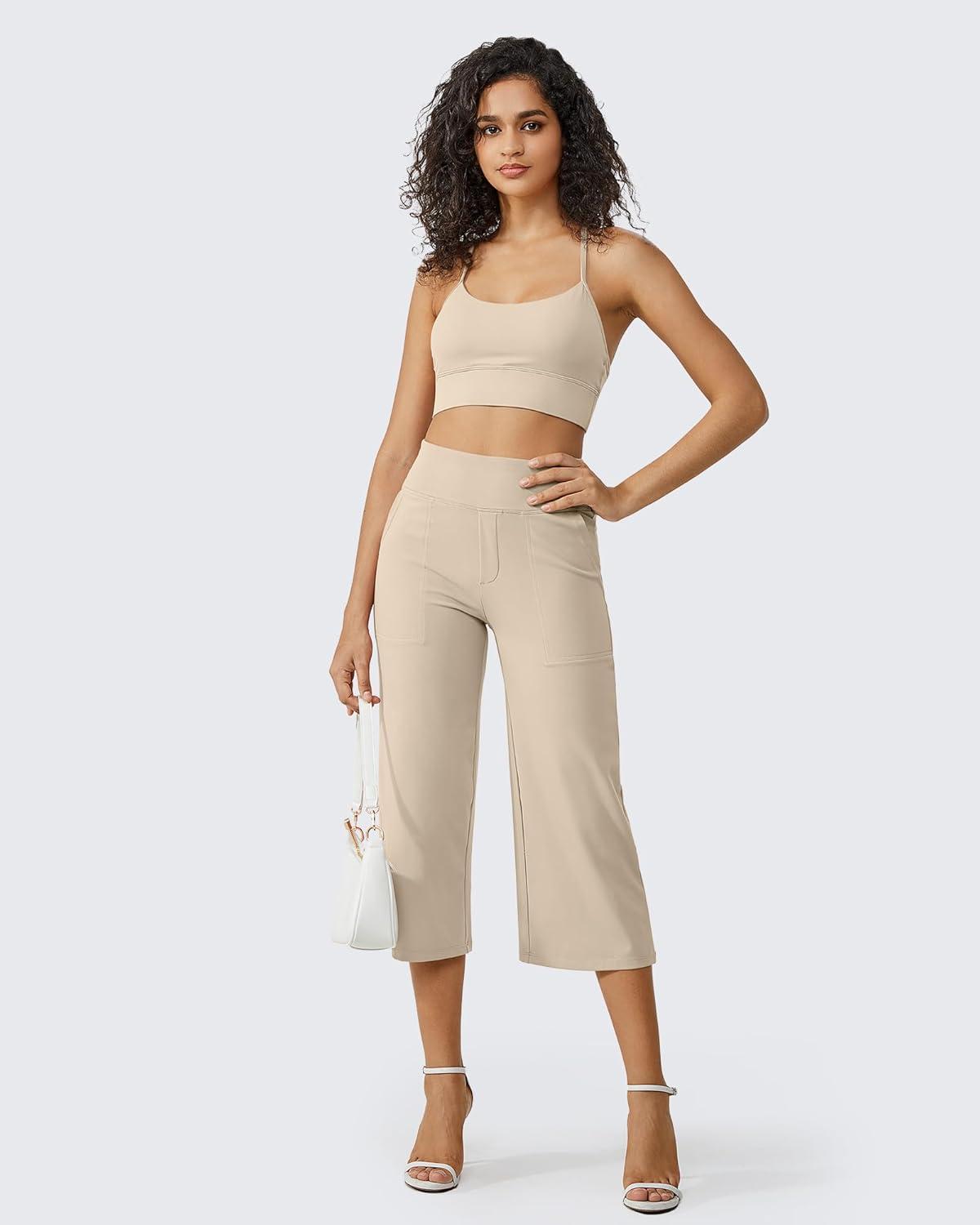 imageG4Free Capri Pants for Women Wide Leg Yoga Dress Cropped Pants Capri Leggings with Pockets for Casual SummerLight Khaki