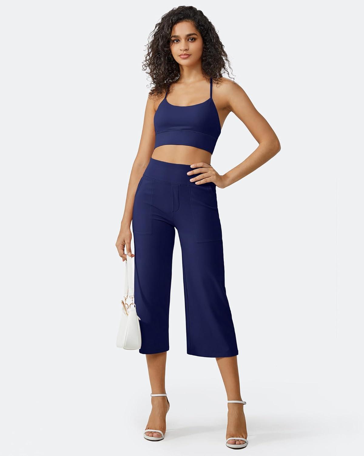 imageG4Free Capri Pants for Women Wide Leg Yoga Dress Cropped Pants Capri Leggings with Pockets for Casual SummerRoyal Blue