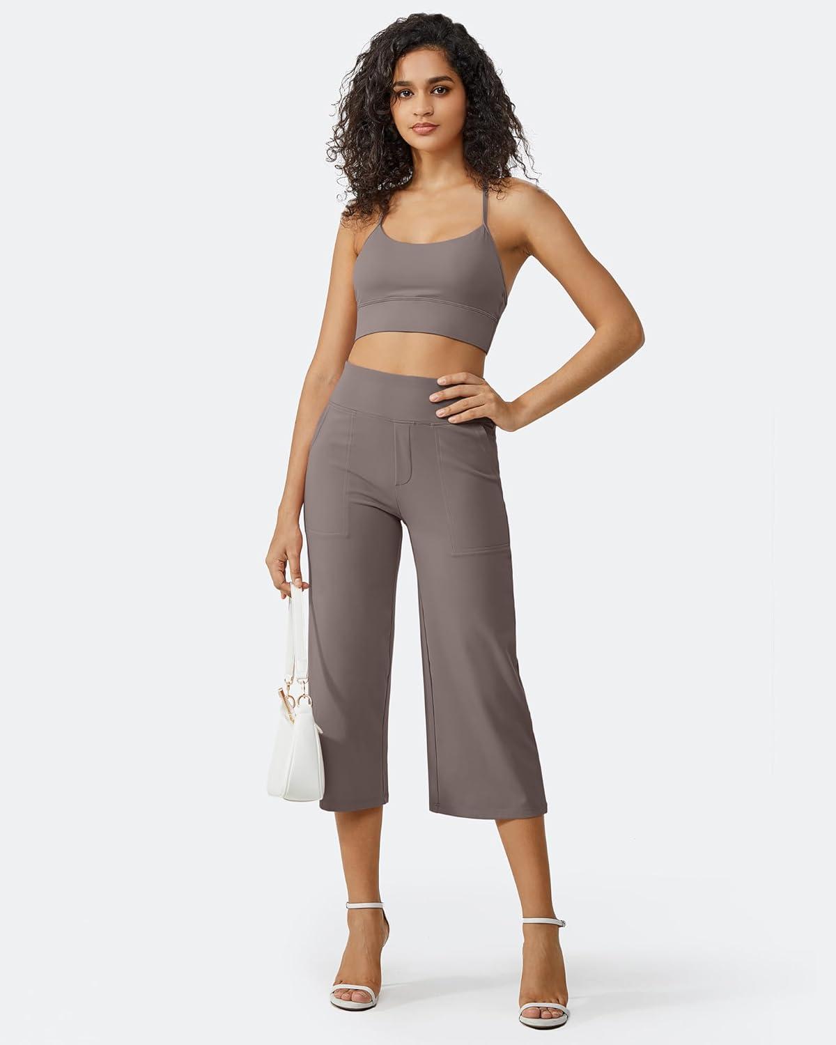 imageG4Free Capri Pants for Women Wide Leg Yoga Dress Cropped Pants Capri Leggings with Pockets for Casual SummerTaupe