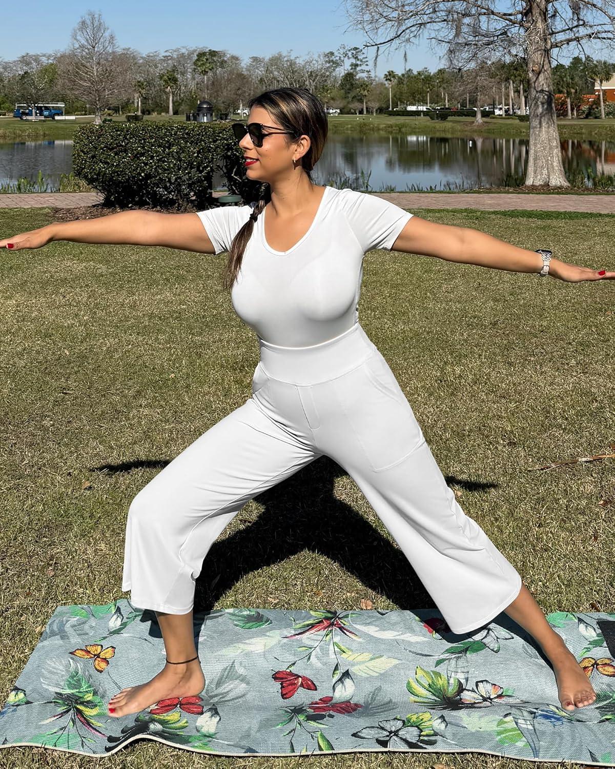imageG4Free Capri Pants for Women Wide Leg Yoga Dress Cropped Pants Capri Leggings with Pockets for Casual SummerWhite