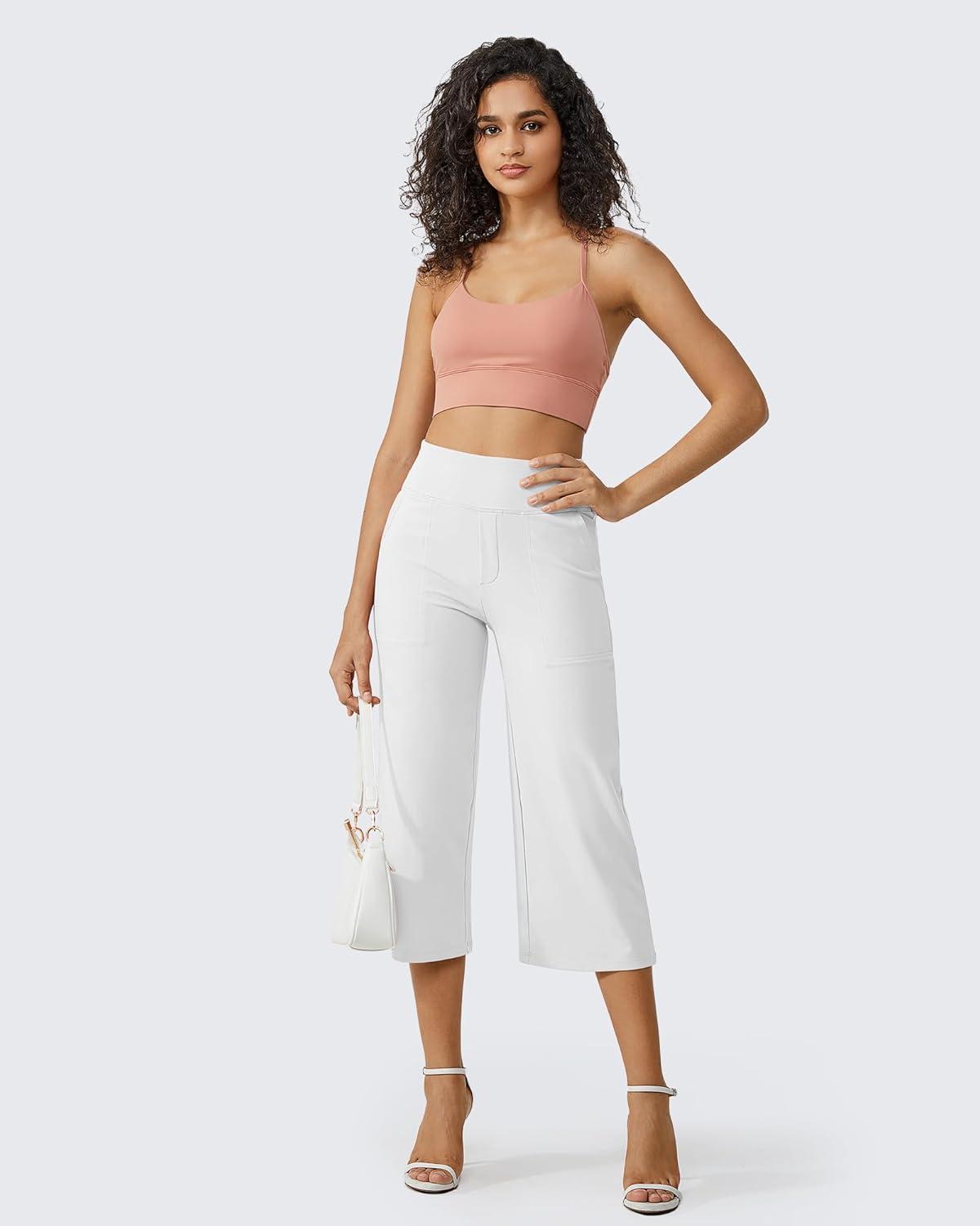 imageG4Free Capri Pants for Women Wide Leg Yoga Dress Cropped Pants Capri Leggings with Pockets for Casual SummerWhite