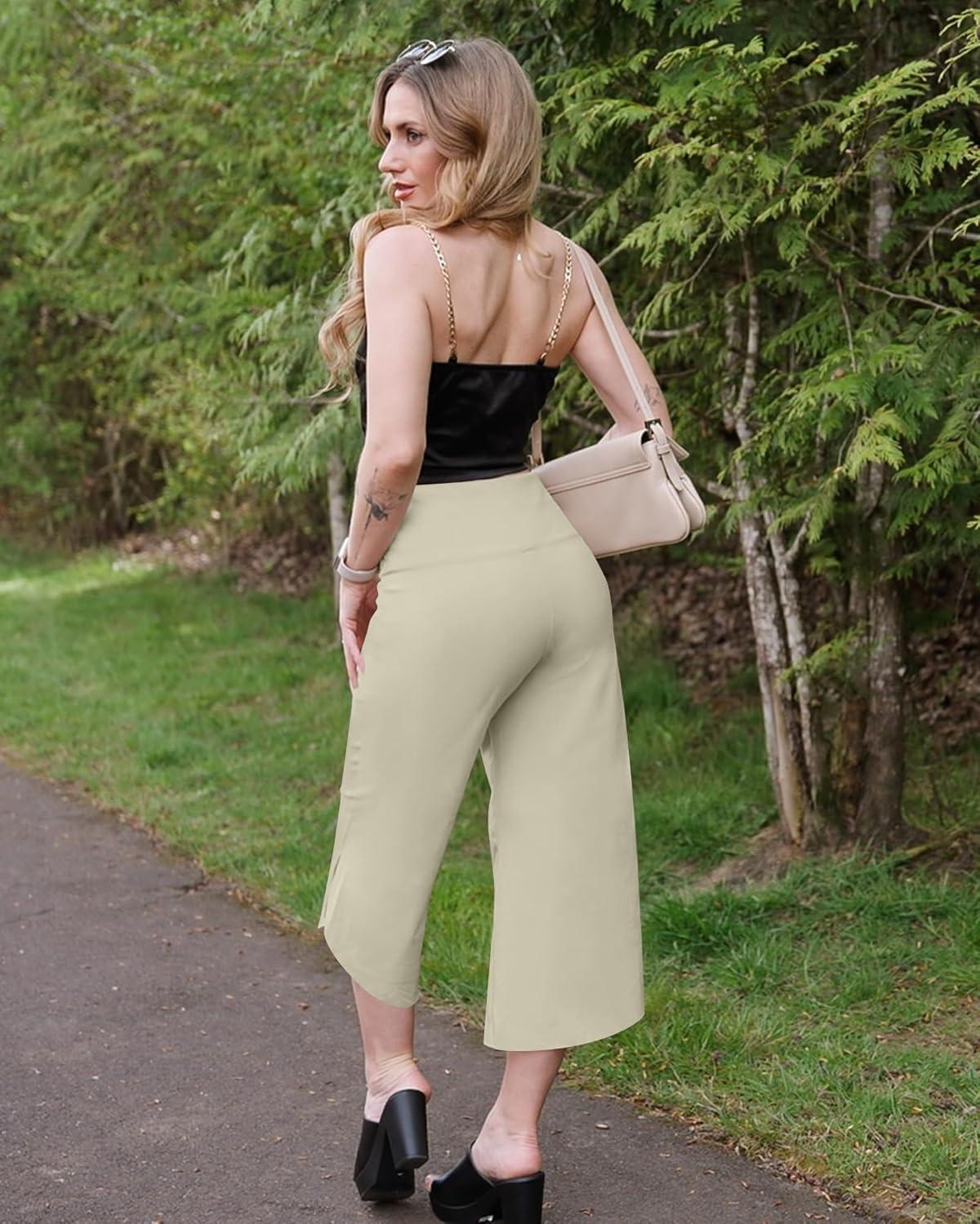 imageG4Free Capri Pants for Women Wide Leg Yoga Pants for Summer Flowy Capris Loose Casual Cropped Pants with PocketsApricot