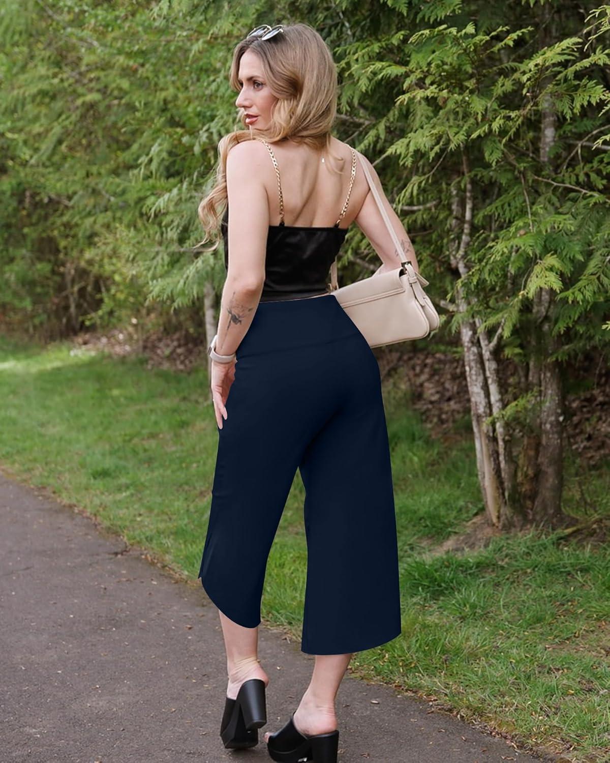 imageG4Free Capri Pants for Women Wide Leg Yoga Pants for Summer Flowy Capris Loose Casual Cropped Pants with PocketsDark Navy