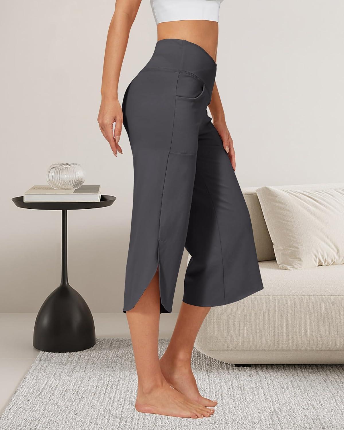 imageG4Free Capri Pants for Women Wide Leg Yoga Pants for Summer Flowy Capris Loose Casual Cropped Pants with PocketsDeep Grey