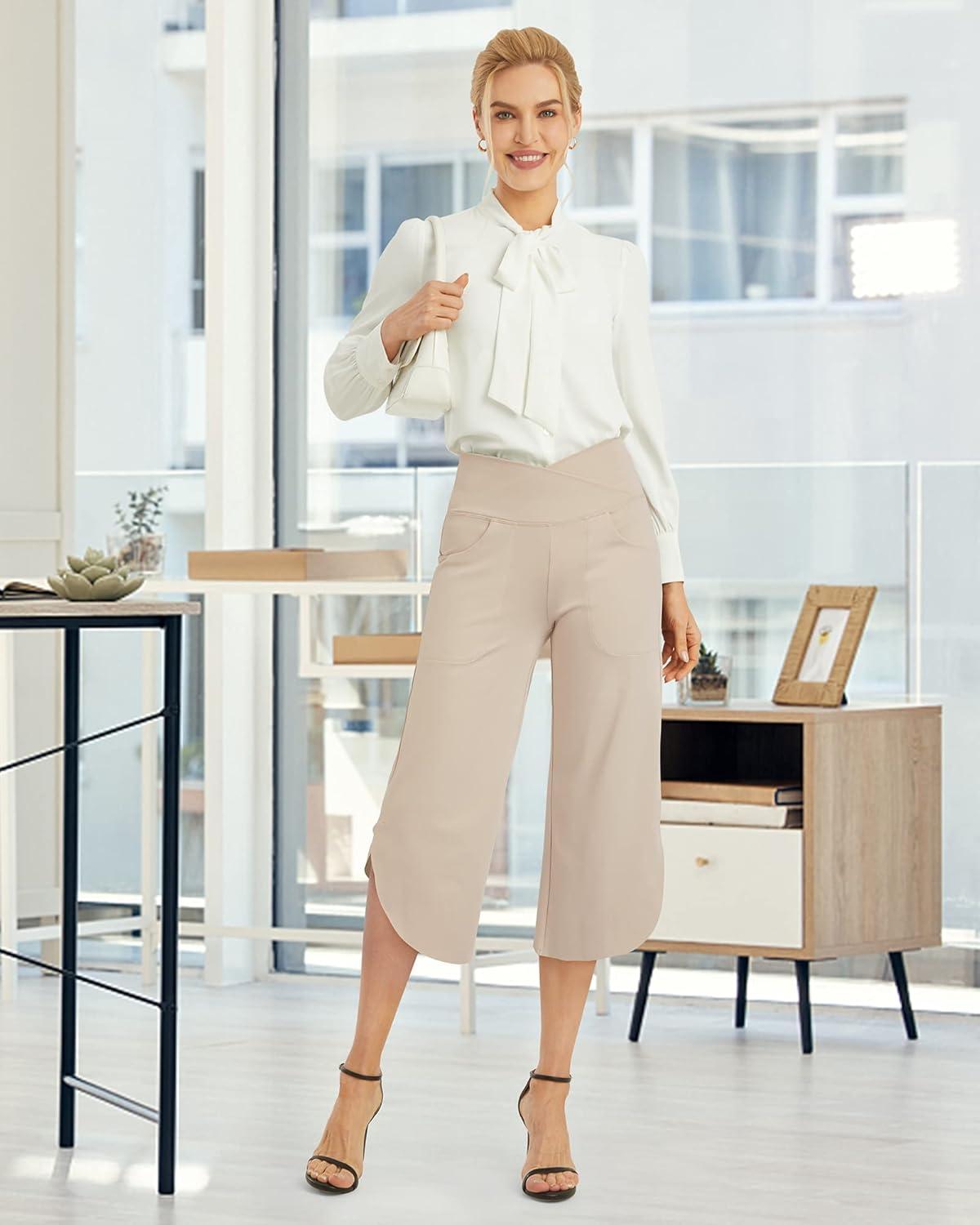 imageG4Free Capri Pants for Women Wide Leg Yoga Pants for Summer Flowy Capris Loose Casual Cropped Pants with PocketsLight Khaki
