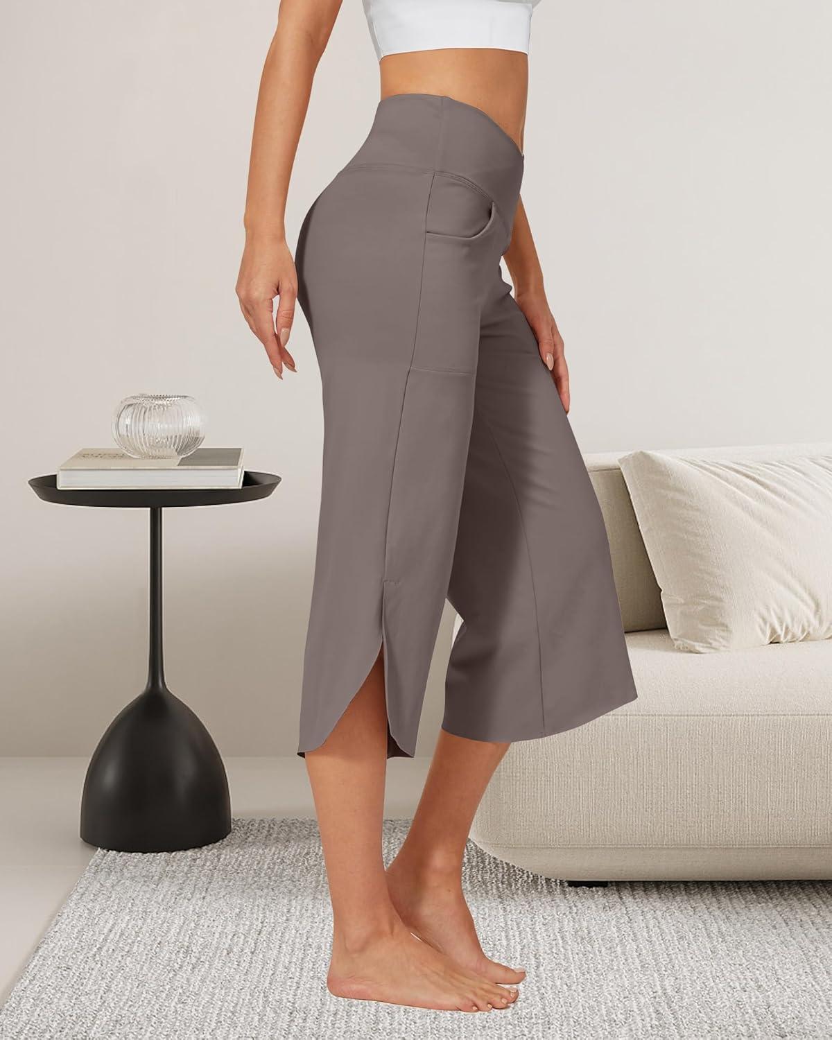 imageG4Free Capri Pants for Women Wide Leg Yoga Pants for Summer Flowy Capris Loose Casual Cropped Pants with PocketsTaupe