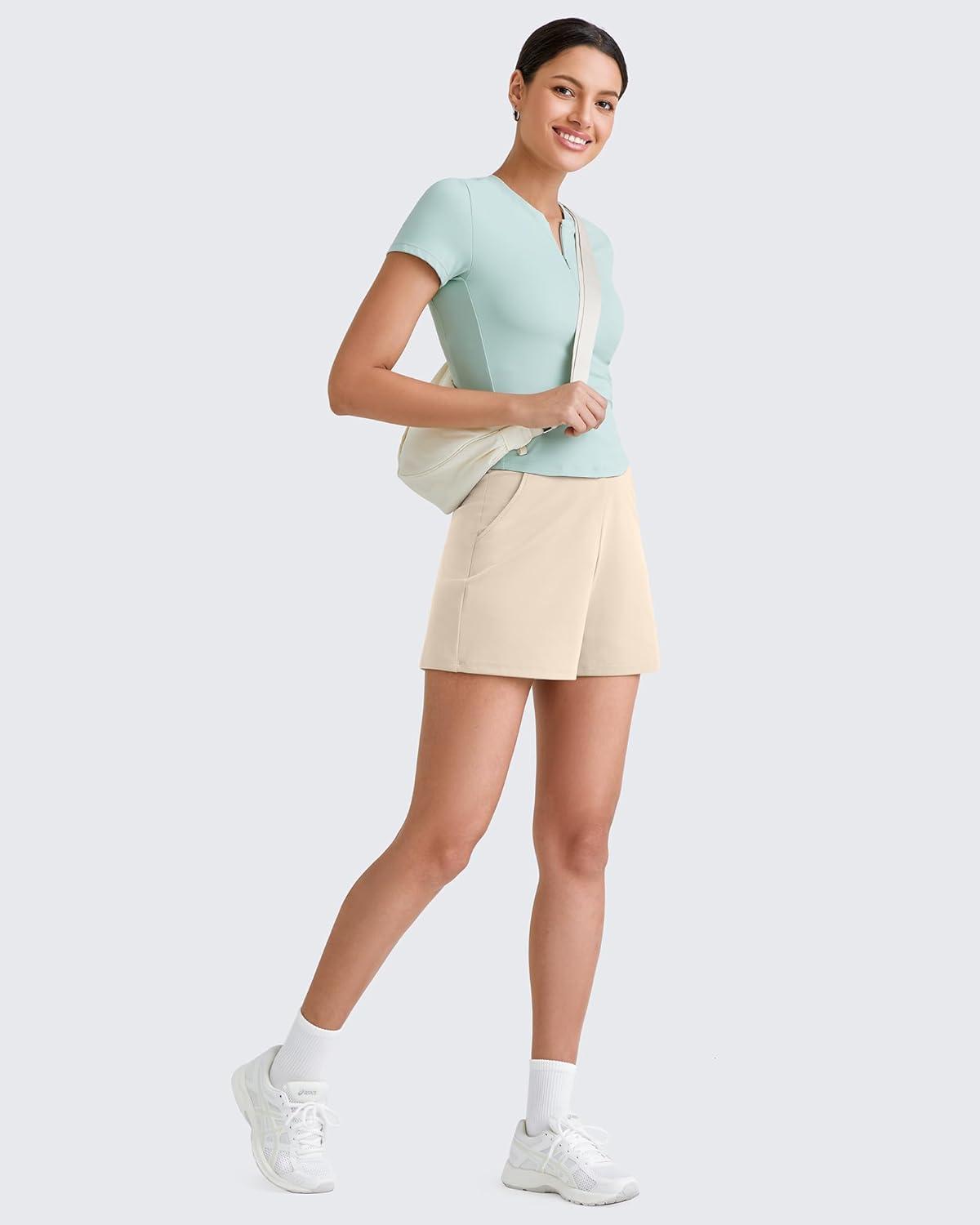 imageG4Free Casual Shorts for Women 3 Athletic Shorts Elastic Waist Running Shorts Summer Shorts with PocketsLight Khaki