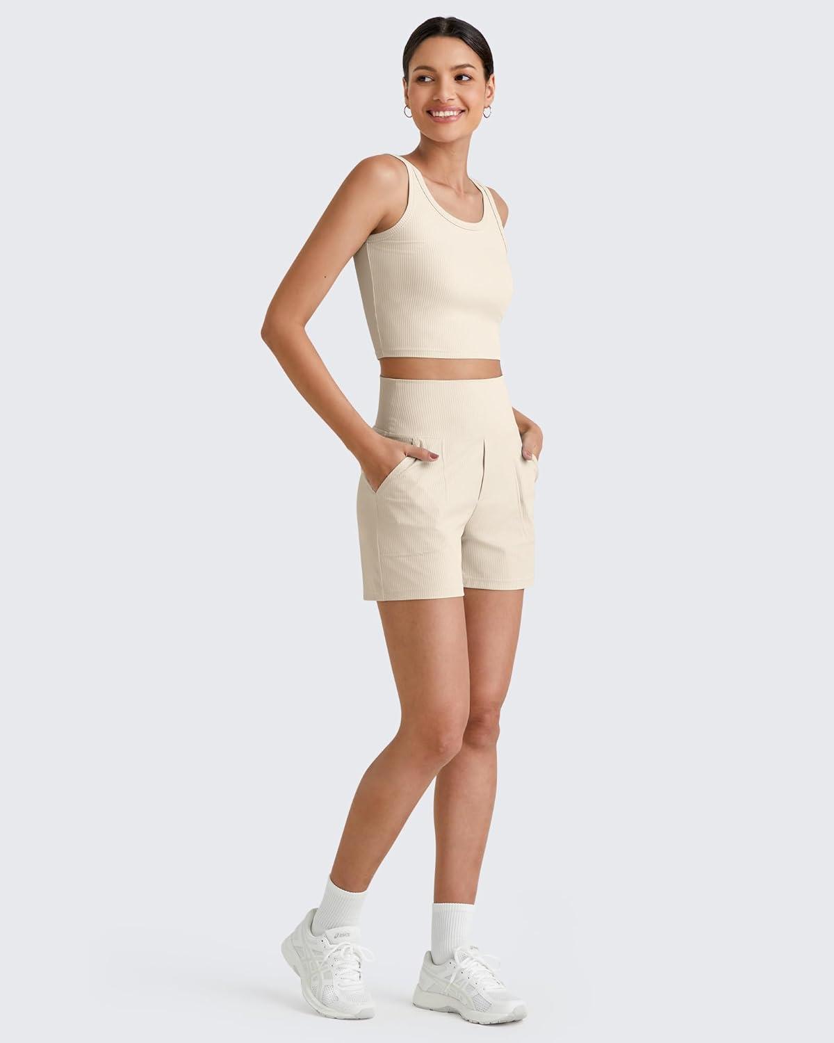 imageG4Free Comfy Ribbed Womens Shorts Dressy Casual High Waisted Athletic Lounge Trouser Shorts with Side PocketsLight Khaki