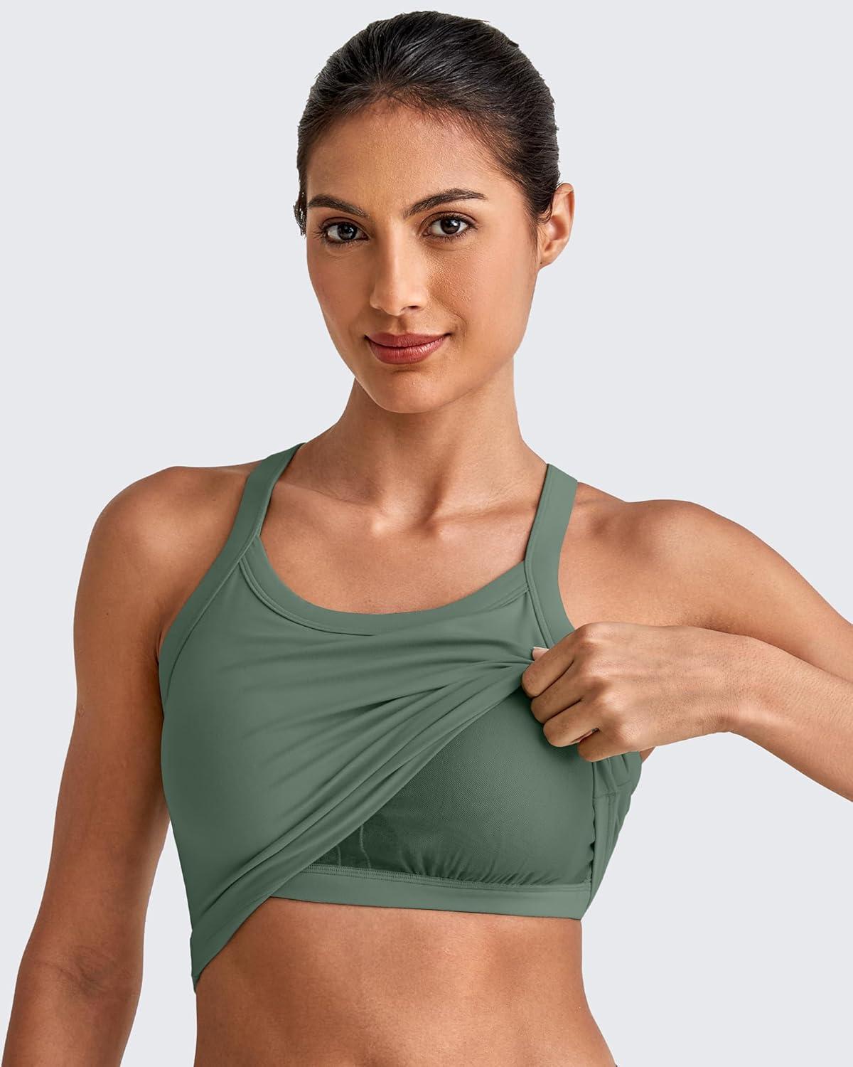 imageG4Free Cropped Workout Tops for Women Built in Bra Removable Padded Longline Sports Bras Racerback Yoga TopsGray Sage