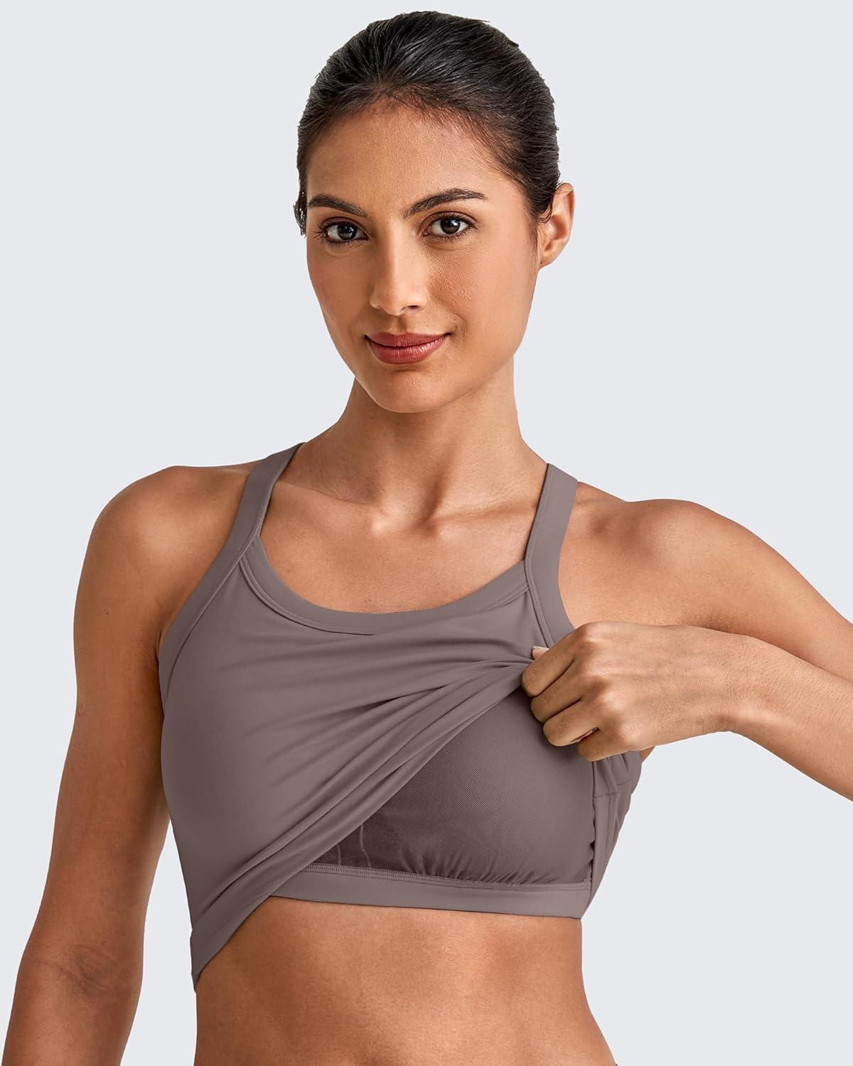imageG4Free Cropped Workout Tops for Women Built in Bra Removable Padded Longline Sports Bras Racerback Yoga TopsTaupe
