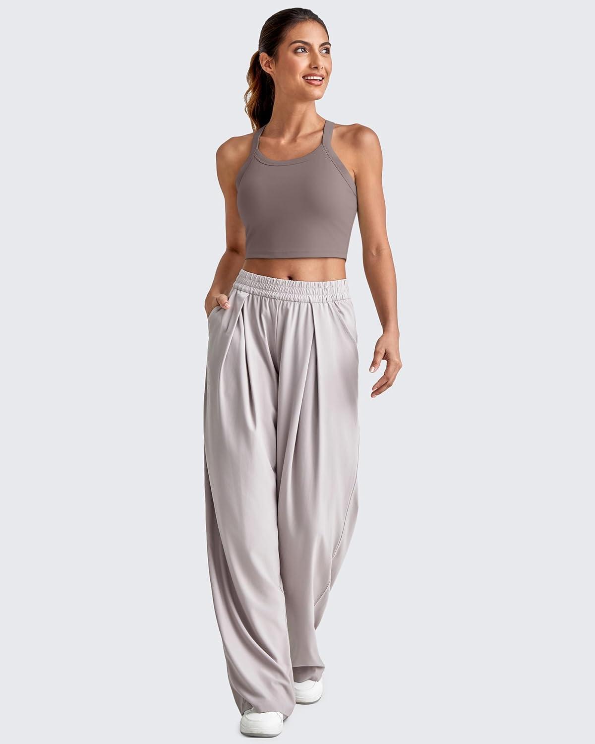 imageG4Free Cropped Workout Tops for Women Built in Bra Removable Padded Longline Sports Bras Racerback Yoga TopsTaupe
